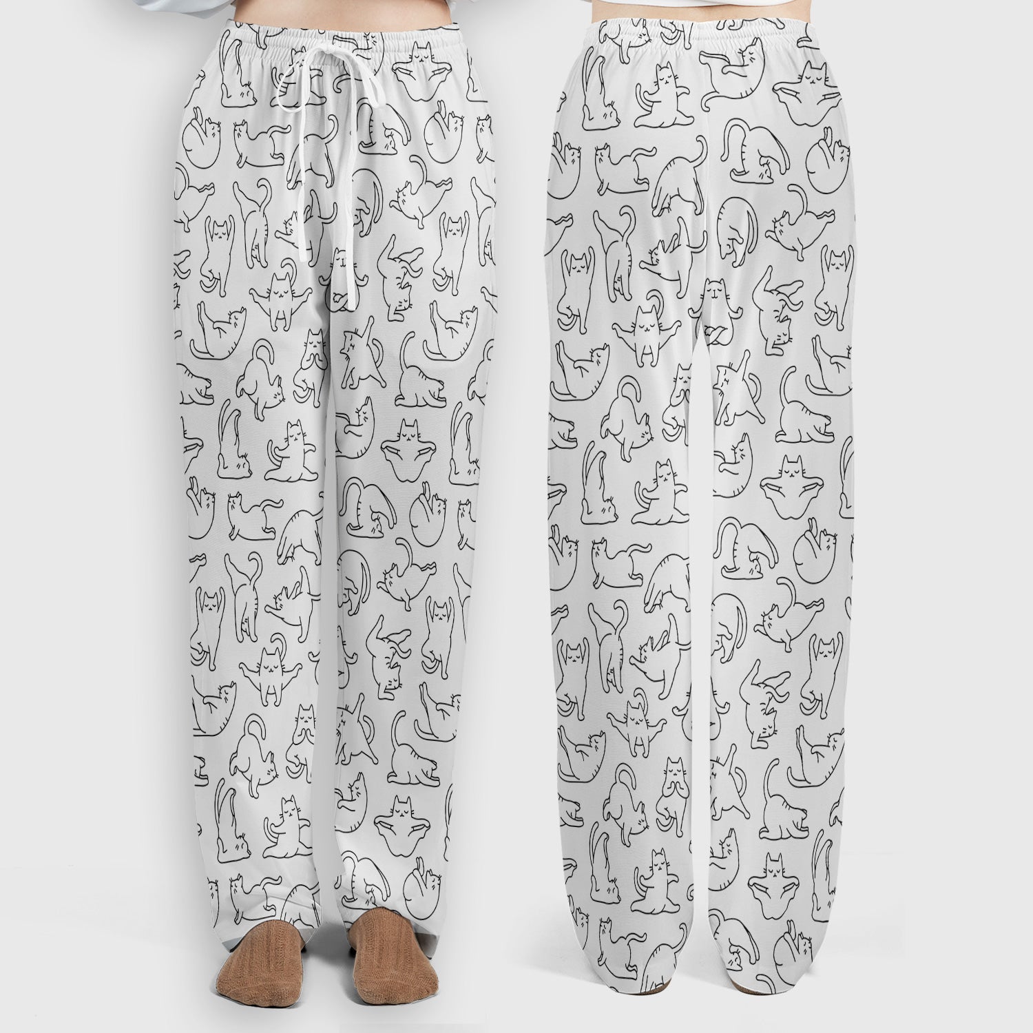 Cute Cat Outline Playing Pattern Scrub Set, Scrub Pants and V Neck Top