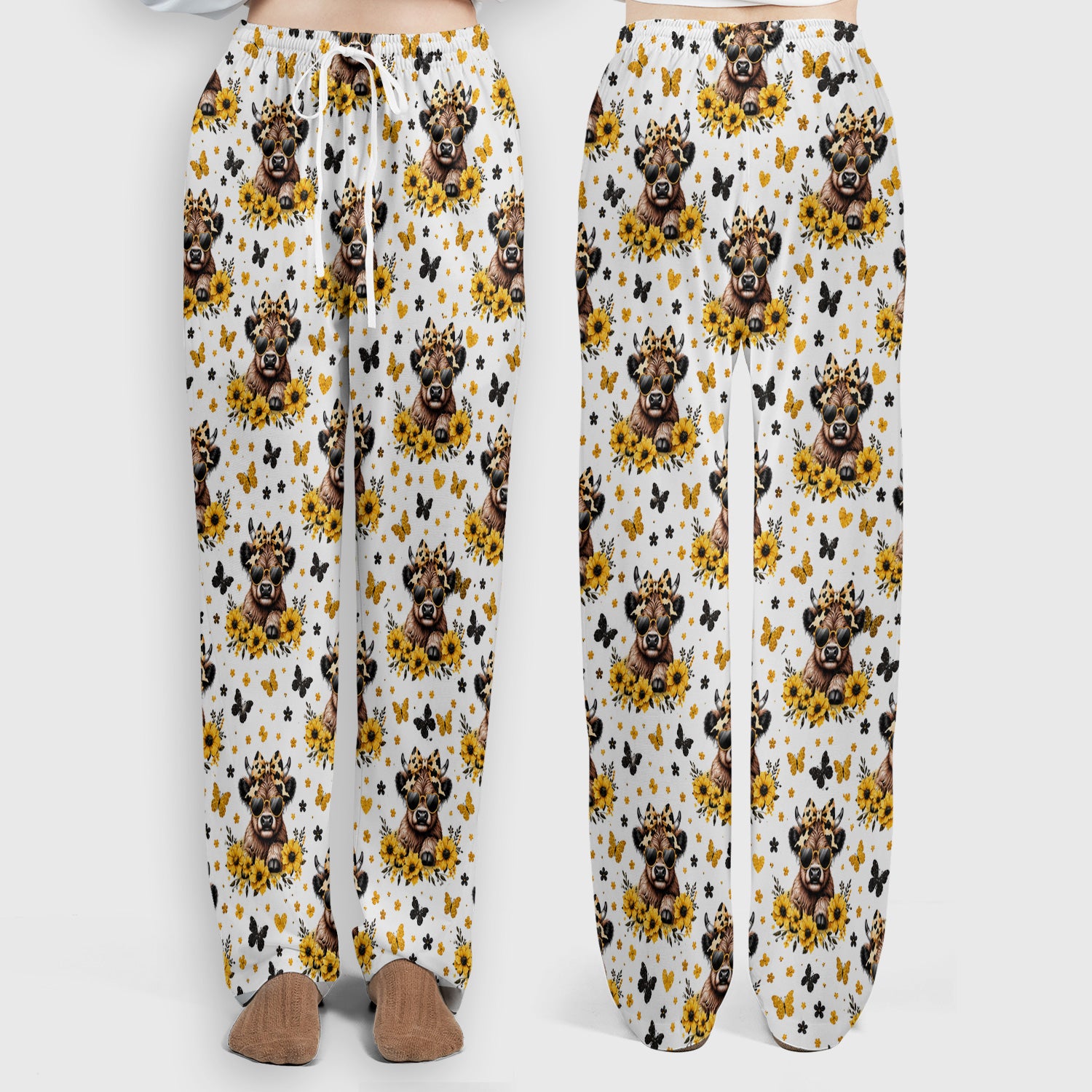 Sassy Highland Cow Sunflower Pattern Scrub Set, Scrub Pants and V Neck Top