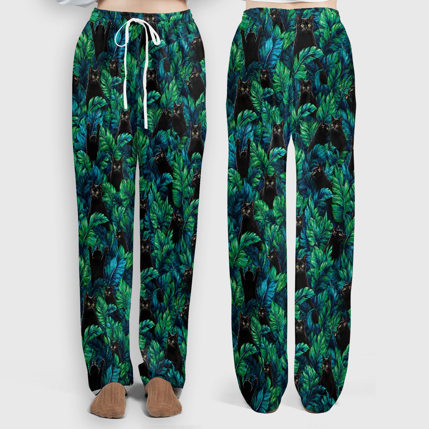 Black Cat Tropical Jungle Leaves Pattern Scrub Set, Scrub Pants and V Neck Top