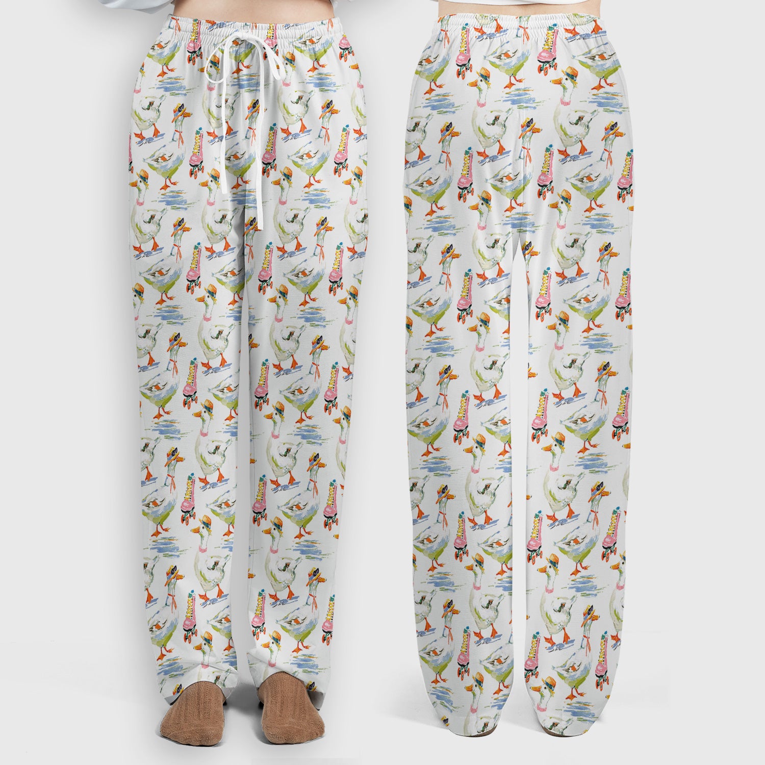 Roller Skating Goose Nurse Pattern Scrub Set, Scrub Pants and V Neck Top