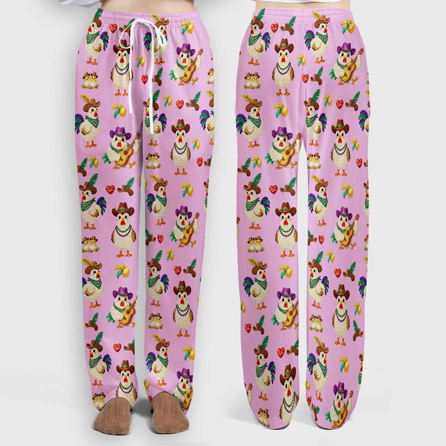 Funny Mardi Gras Rooster Cowboy Print Set, Women's Scrub Sets
