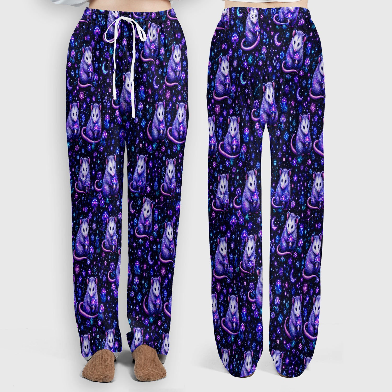 Neon Opossum Mushroom Galaxy Pattern Scrub Set, Scrub Pants and V Neck Top