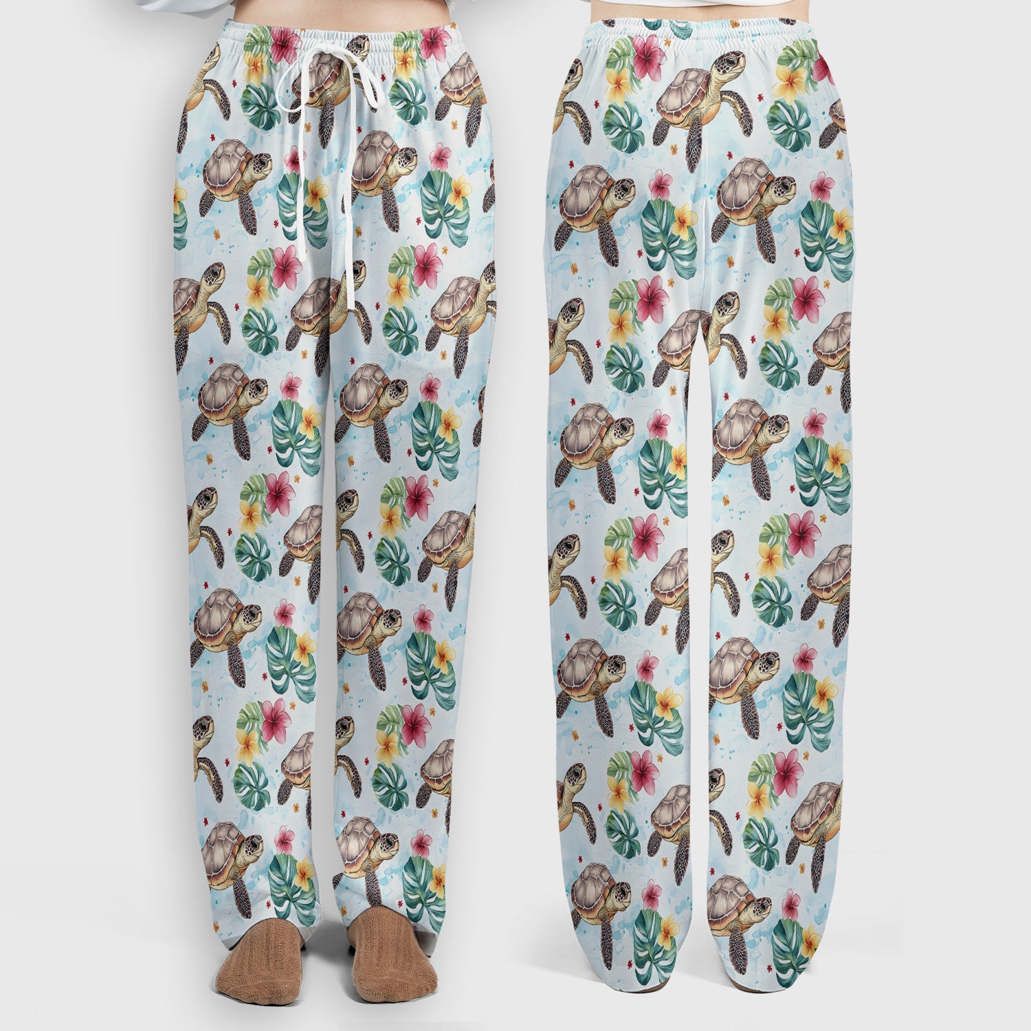 Sea Turtle Tropical Floral Pattern Scrub Set, Scrub Pants and V Neck Top