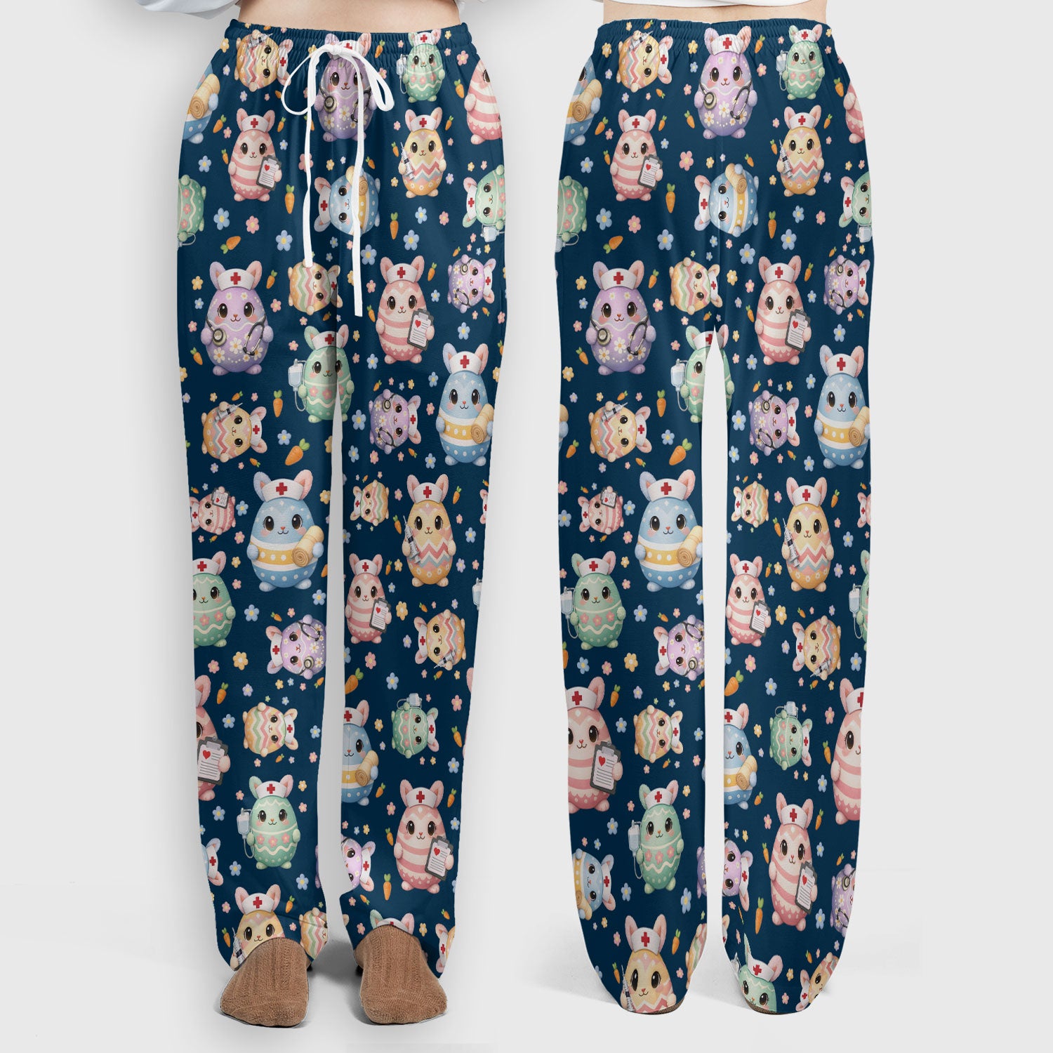 Cute Nurse Bunny Pastel Floral Print Women's Scrub Sets,  Breathable Med Uniform