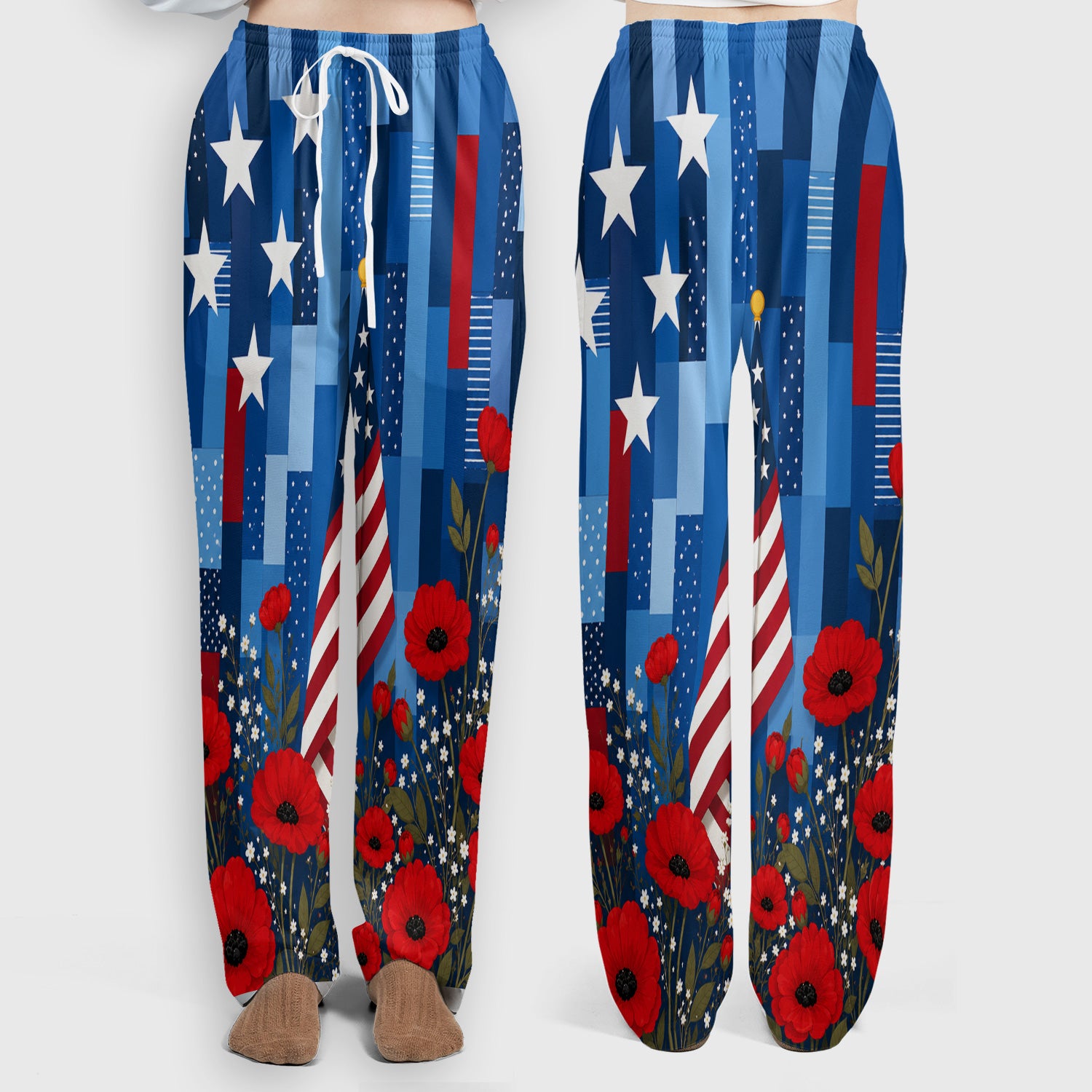 Patriotic Nurse Flag Poppy Pattern Scrub Set, Scrub Pants and V Neck Top
