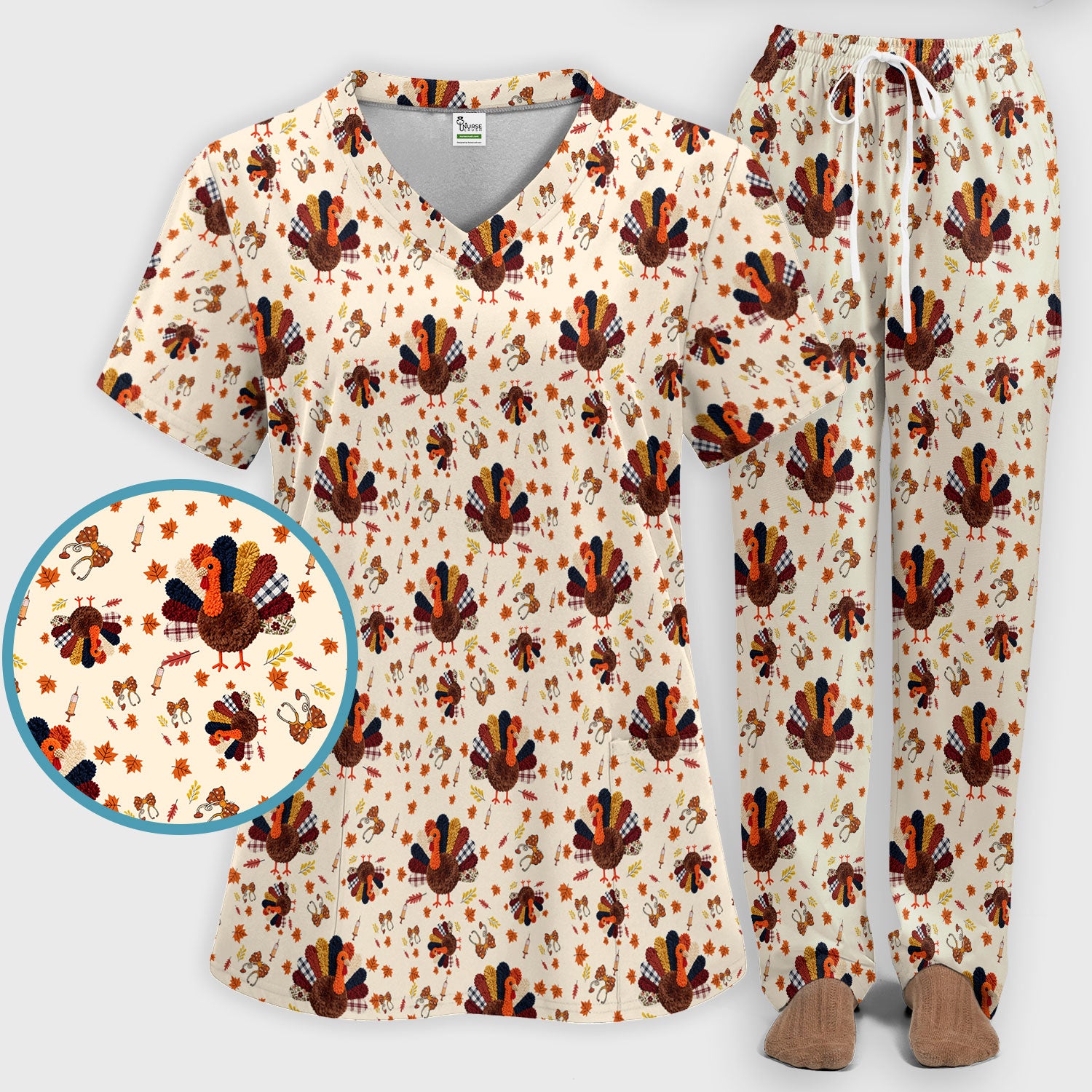 Funny Thanksgiving Nurse Scrub Sets - Fall Leaves and Pumpkin Scrub Pants and V Neck Top - Autumn Turkey Med Uniform