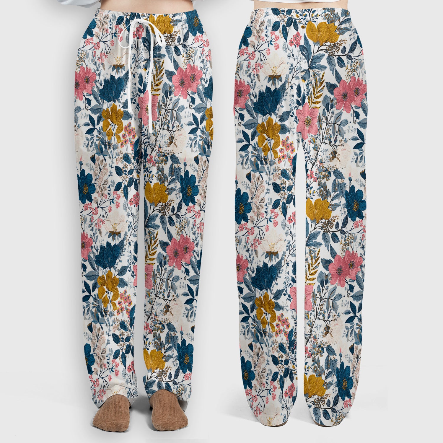 Elegant Floral Garden Bloom Pattern Scrub Set, Scrub Pants and V Neck Top