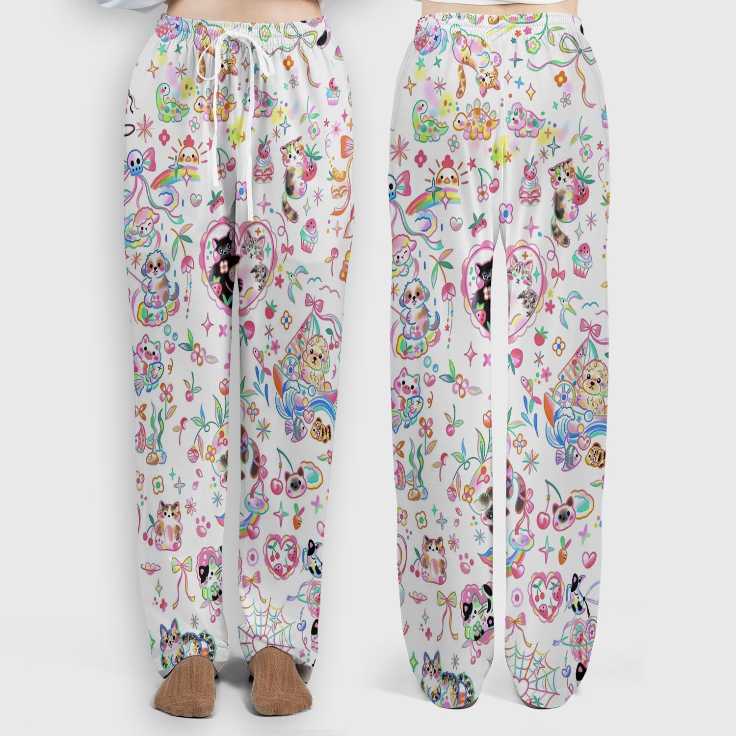 Cute Kawaii Animal Rainbow Heart Pattern Scrub Set, Scrub Pants and V Neck Top