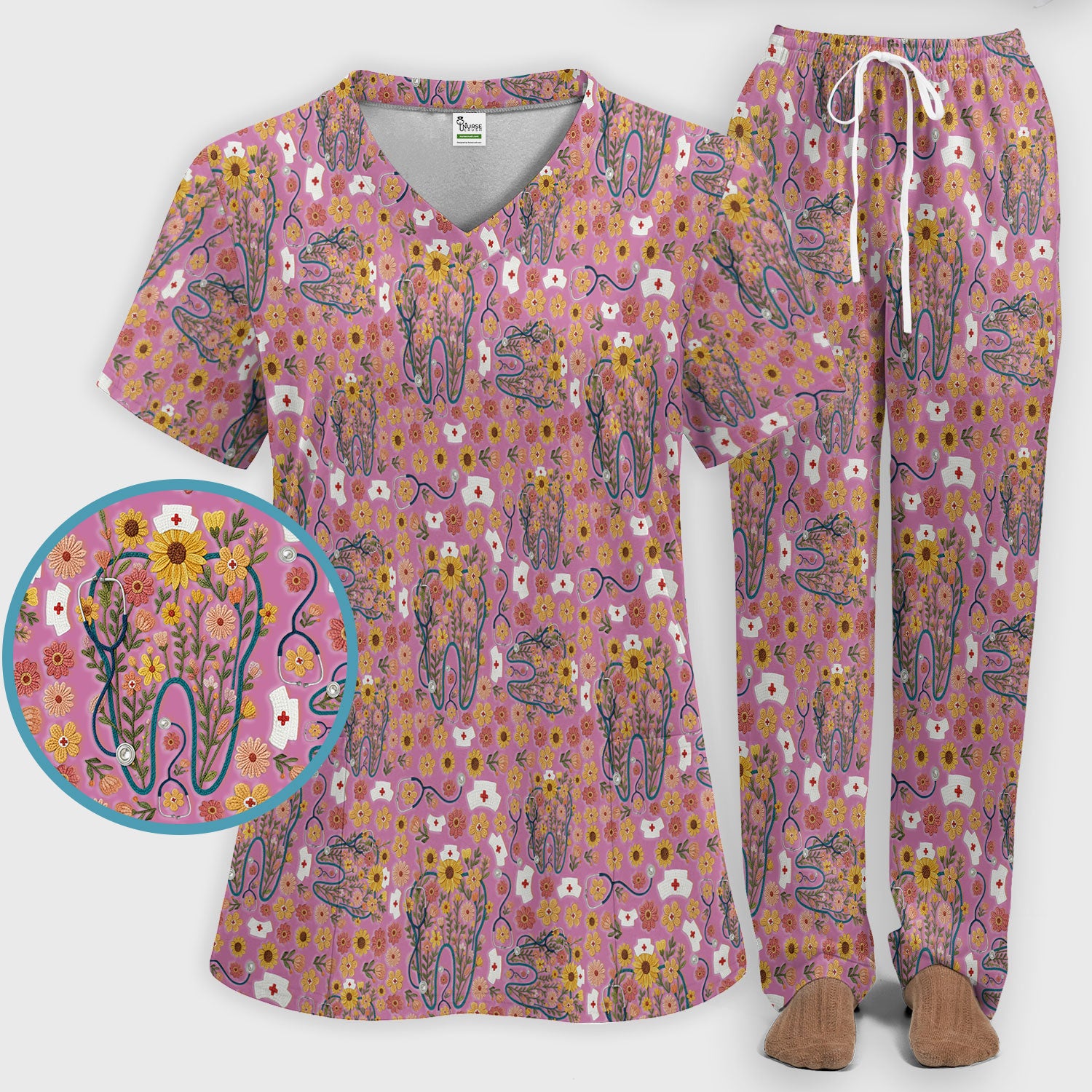 Boho Floral Tooth Scrub Set - Aesthetic Dental Scrubs Pants and V Neck - Cute Flower Tooth Medical Uniform - Hygienist Christmas Gift