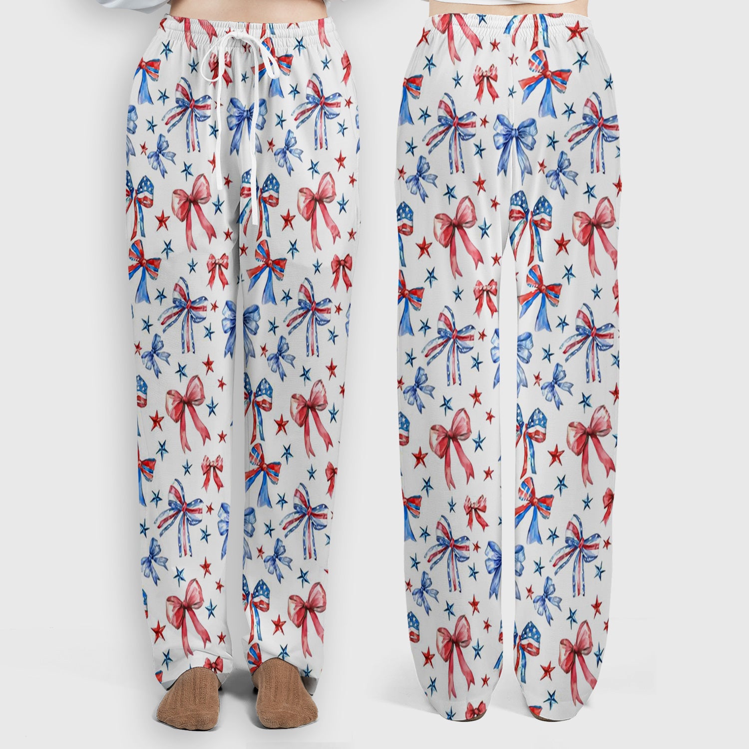 Festive Patriotic Ribbon Bow Star Pattern Scrub Set, Scrub Pants and V Neck Top