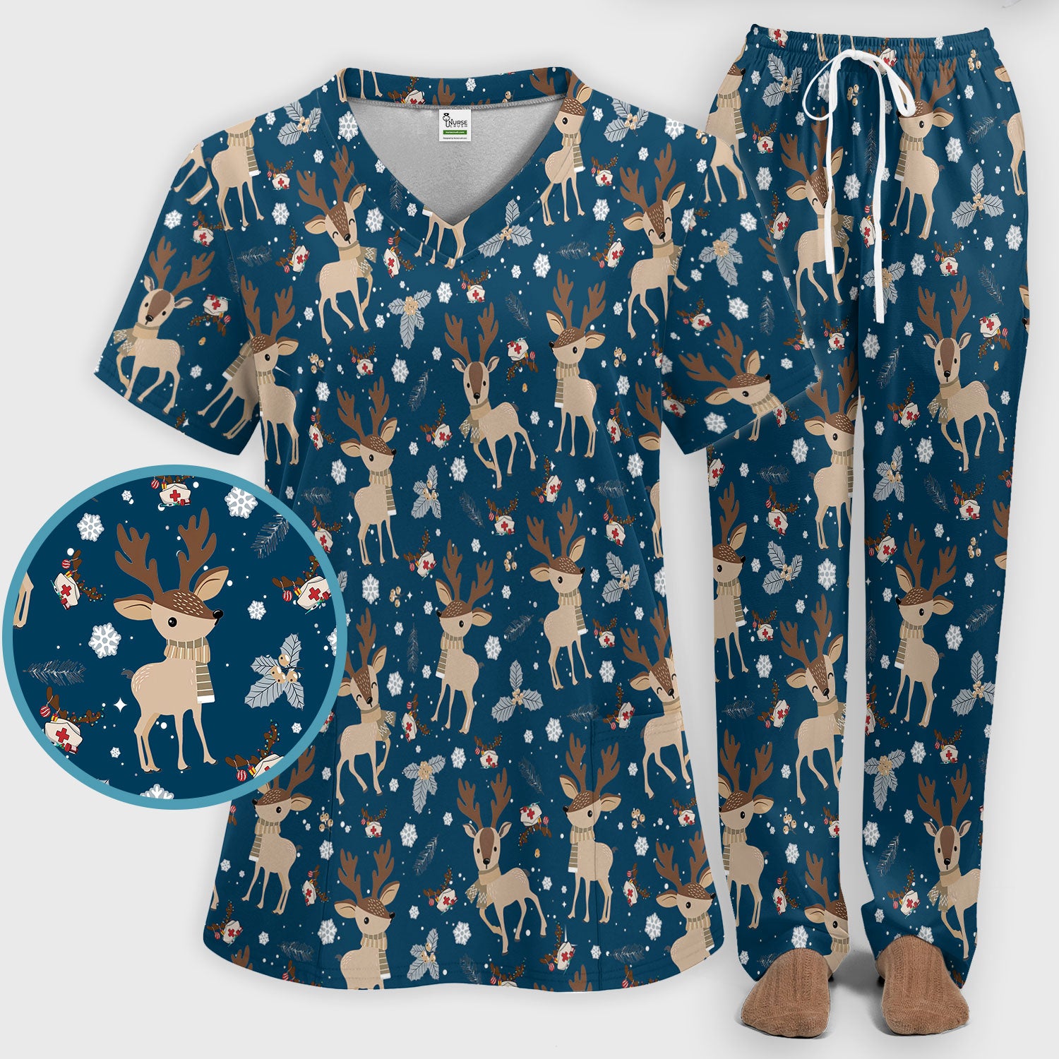 Reindeer Christmas Scrub Set - Cozy Beige Holiday Nurse Shirt with Cute Deer Pattern - Festive Medical Scrubs Pants and V Neck Top