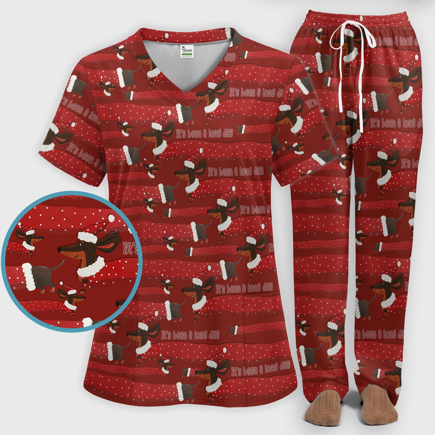 Funny Dachshund Christmas Scrub Set - It's Been a Long Day - Cute Wiener Dog Scrubs Pants and V Neck Top - Medical Uniform for Women