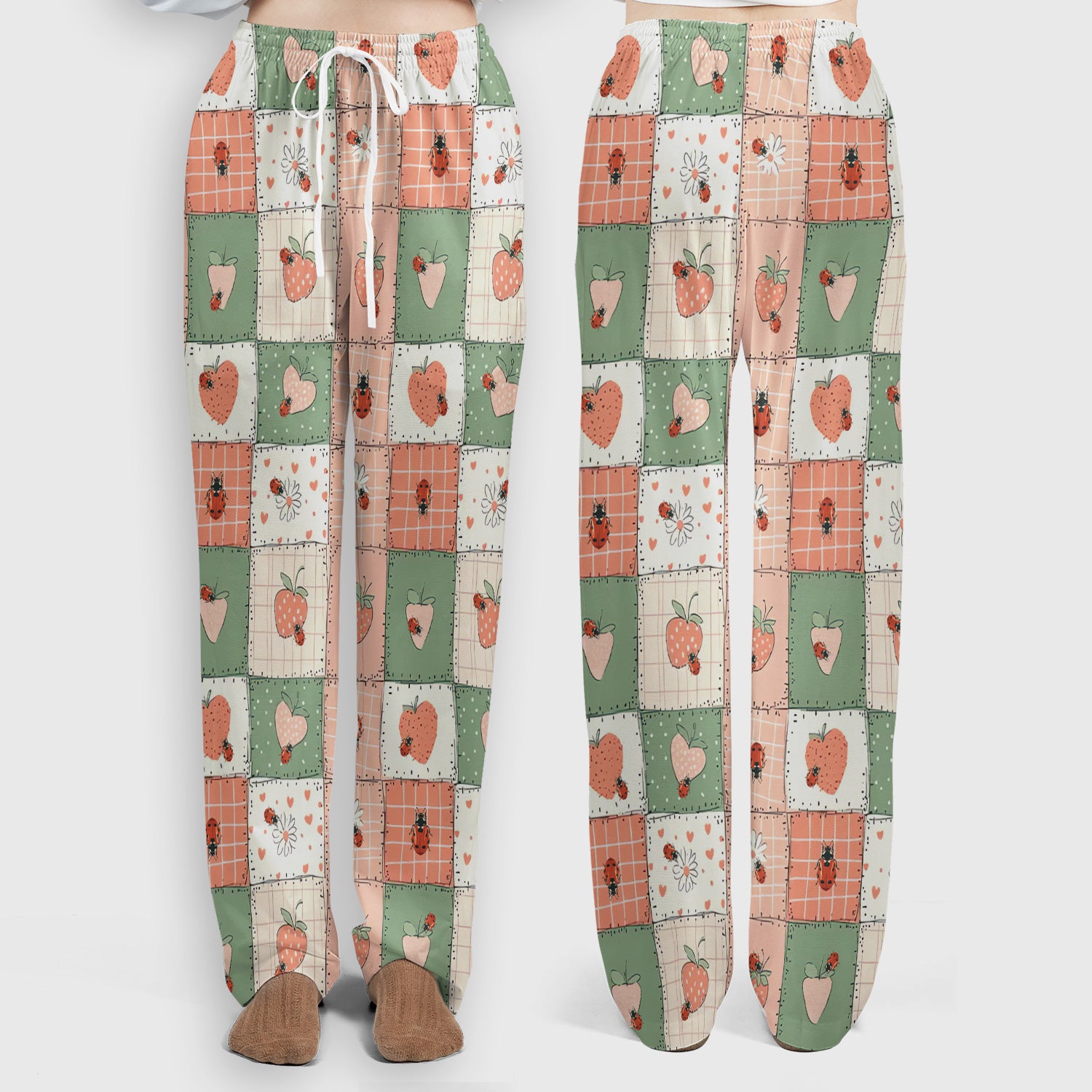 Strawberry Ladybug Patchwork Pattern Scrub Set, Scrub Pants and V Neck Top