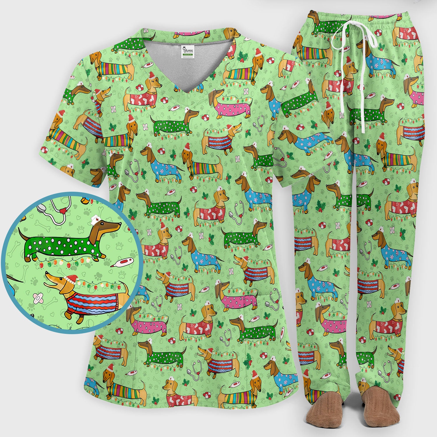 Christmas Scrub Set for Women - Funny Dachshund Scrubs Pants and V Neck Top - Cute Holiday Medical Uniform Gift for RN LPN CNA
