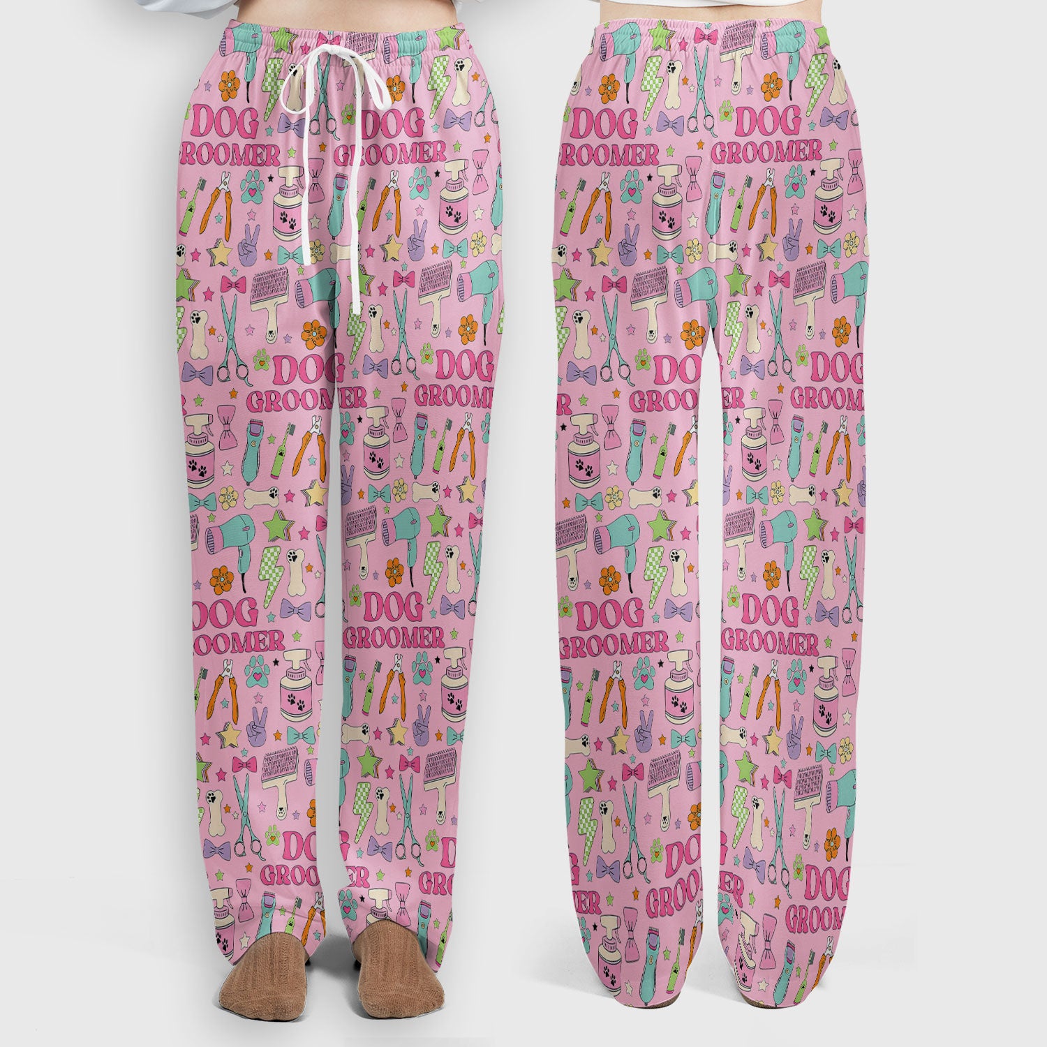 Dog Groomer Tools Pattern Women's Scrub Set, Scrub Pants and V Neck Top