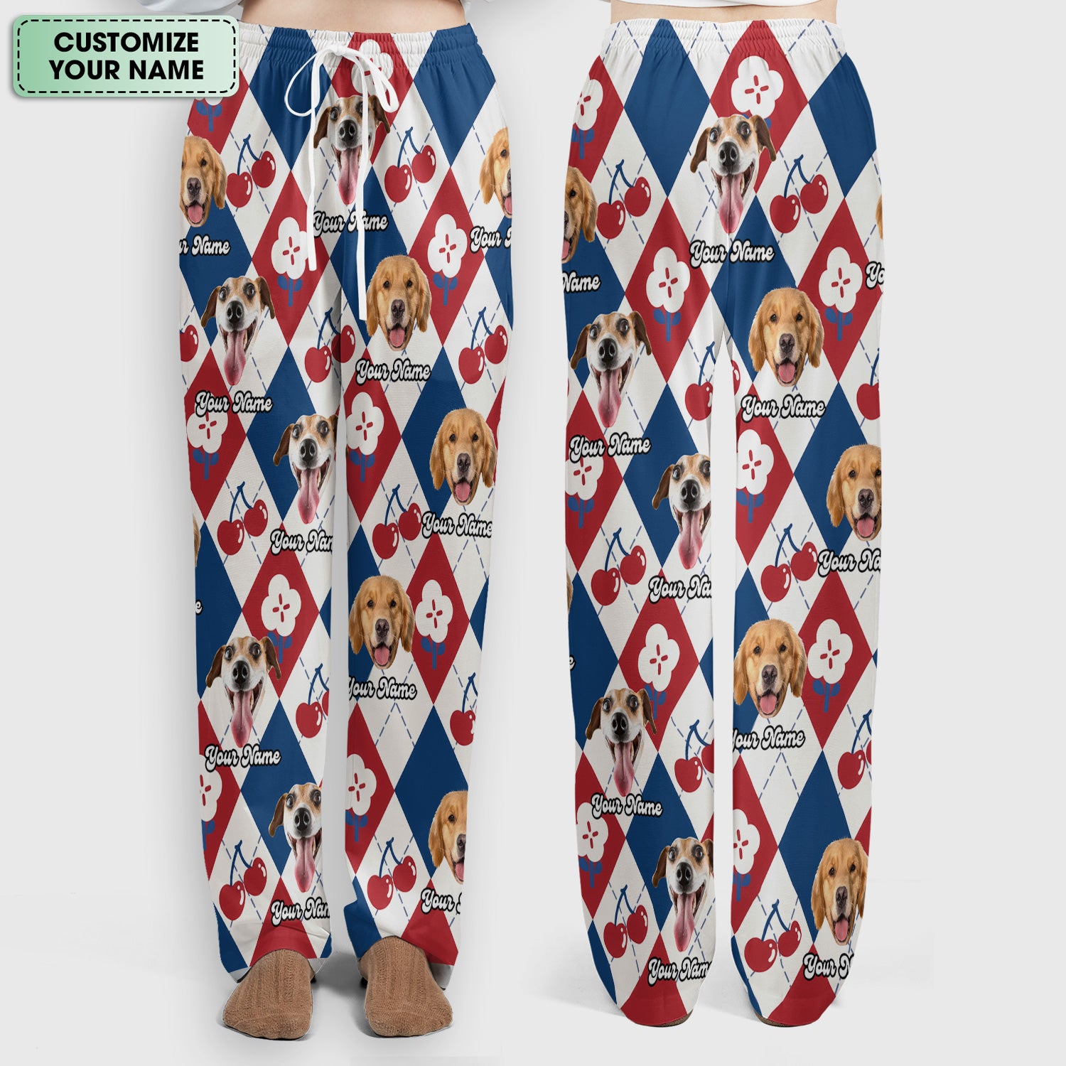 Custom Dog Face Scrub Set, Playful Dog Cherry Argyle Pattern Shirt, Breathable Fabrics Nursing Uniform