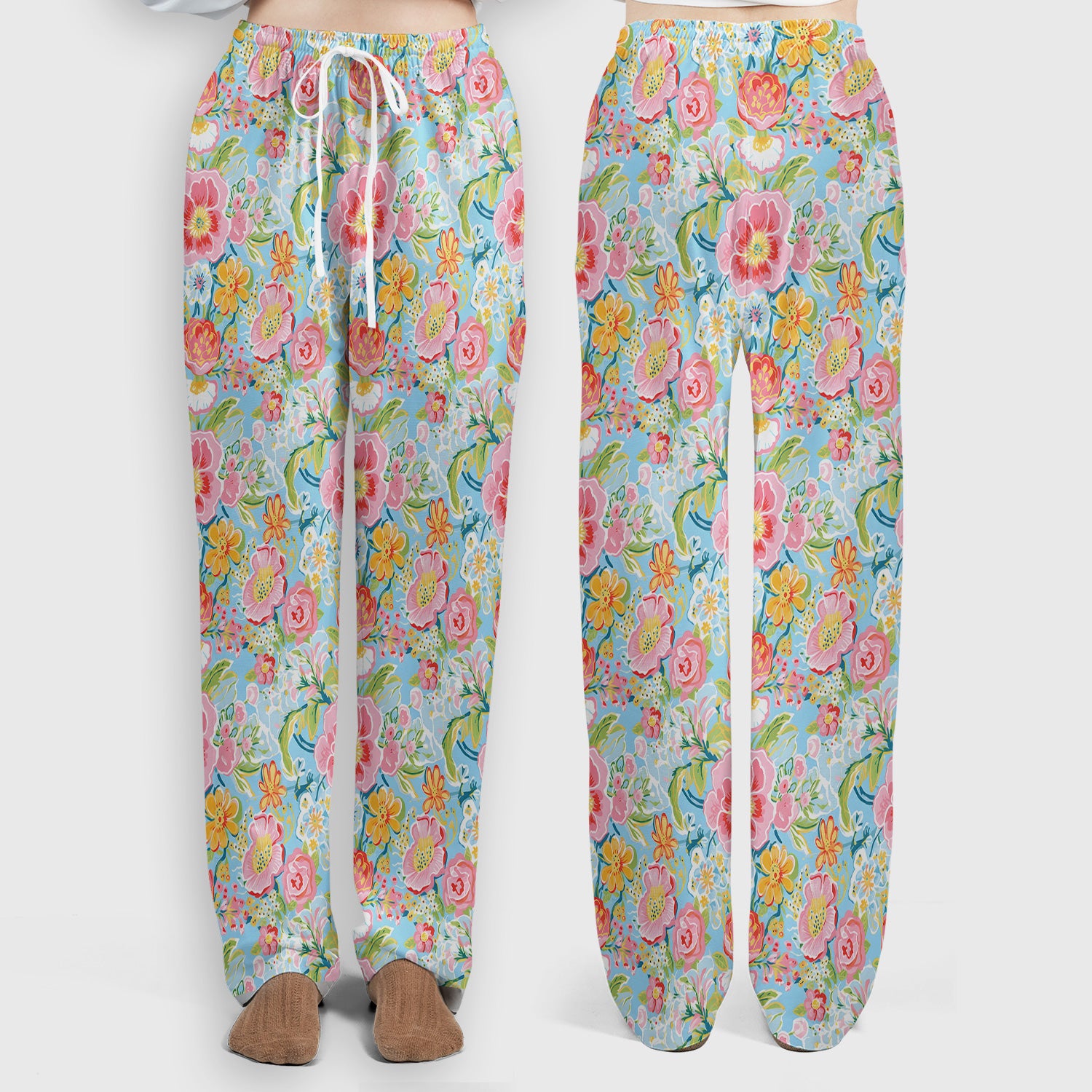 Pastel Tropical Floral Garden Pattern Scrub Set, Scrub Pants and V Neck Top