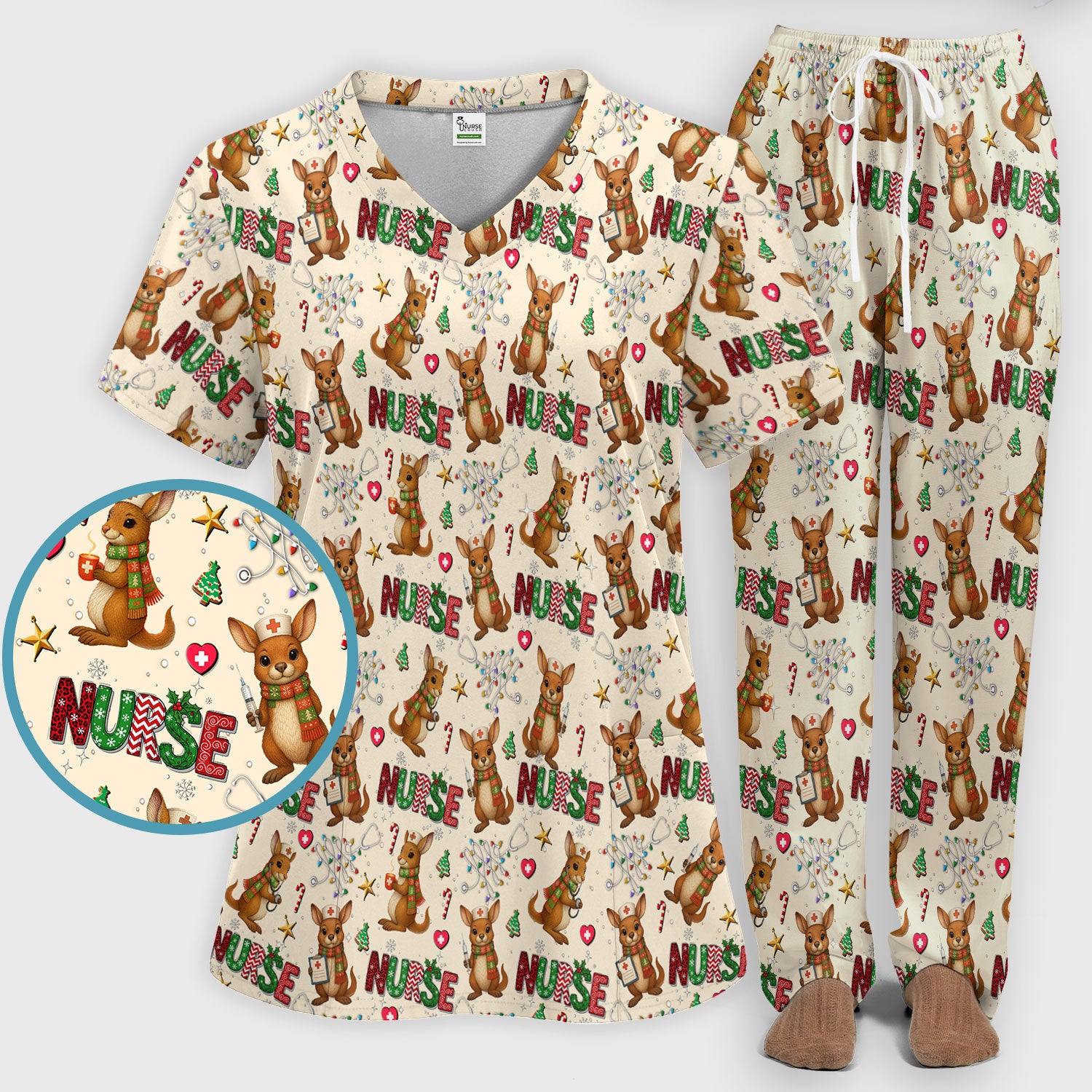Aussie Kangaroo Christmas Scrub Set - Funny Holiday Nurse Shirt and Pants for Women - Cute Animal Medical Uniform