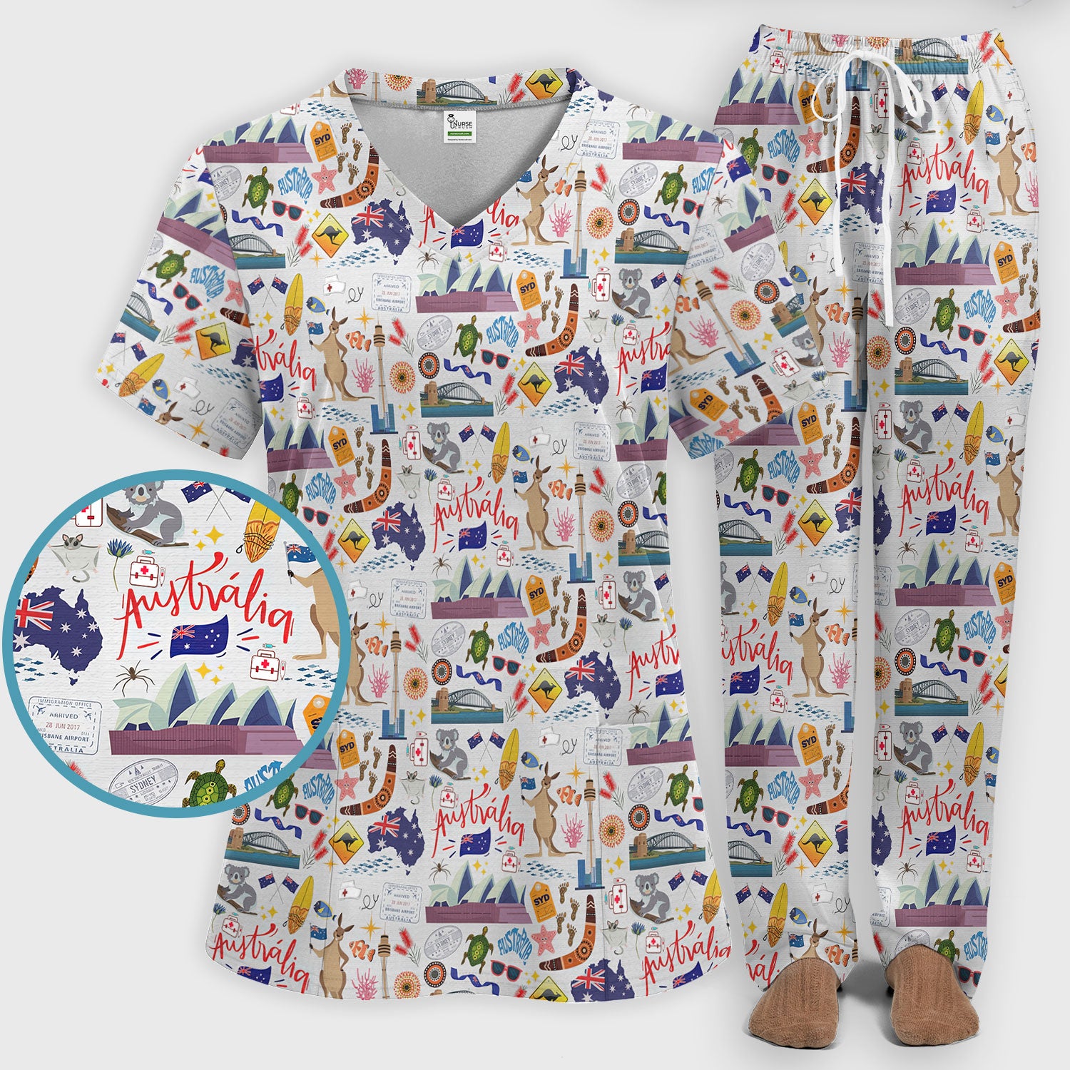 Australia Scrub Sets for Women - Aussie Comfortable Scrub Pants and V Neck Top - Kangaroo Koala Opera House - Travel Medical Uniform Gift