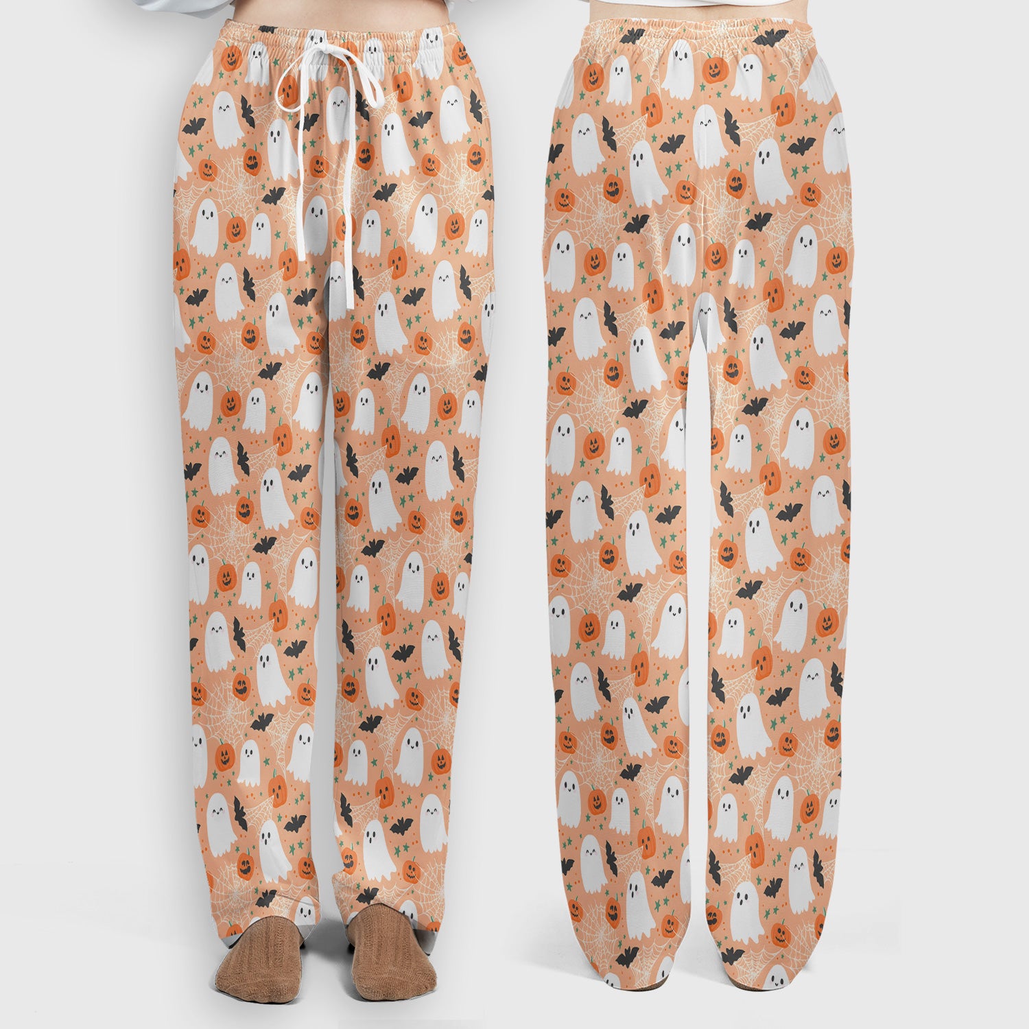 Cute Halloween Ghost And Pumpkin Scrub Set, Scrub Pants and V Neck Top