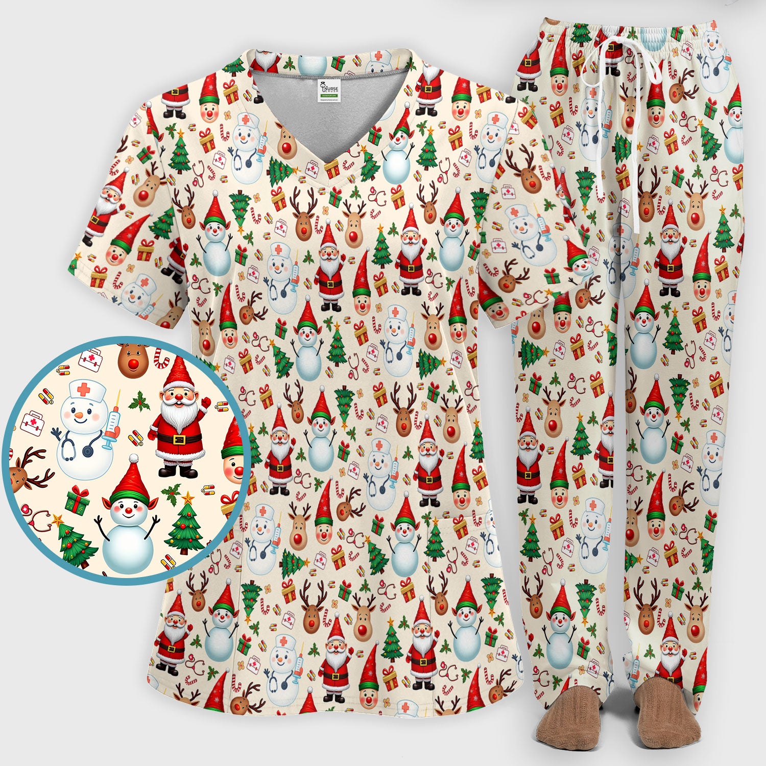 Christmas Scrub Set for Nurses - Cute Snowman Reindeer Santa Pattern - Holiday Medical Uniform RN CNA LPN Gift