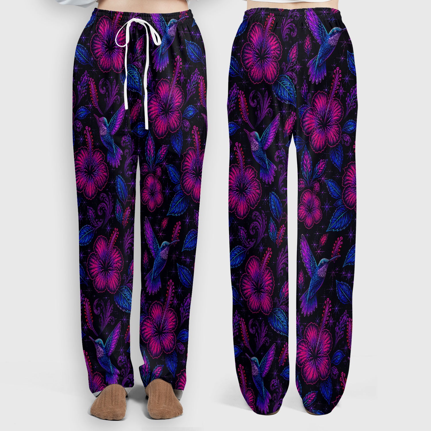 Tropical Hummingbird Hibiscus Floral Pattern Scrub Set, Scrub Pants and V Neck Top
