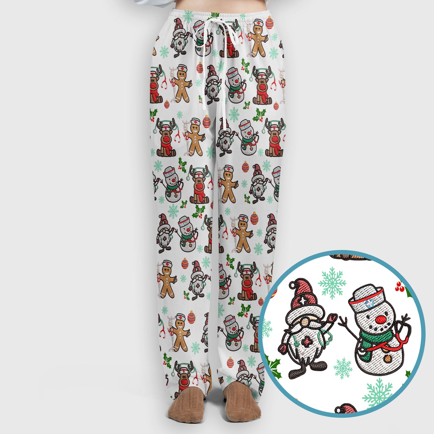 Christmas Gingerbread Scrubs Set for Women - Comfortable Scrubs for Nurses - Reindeer Santa Pants and V Neck Top