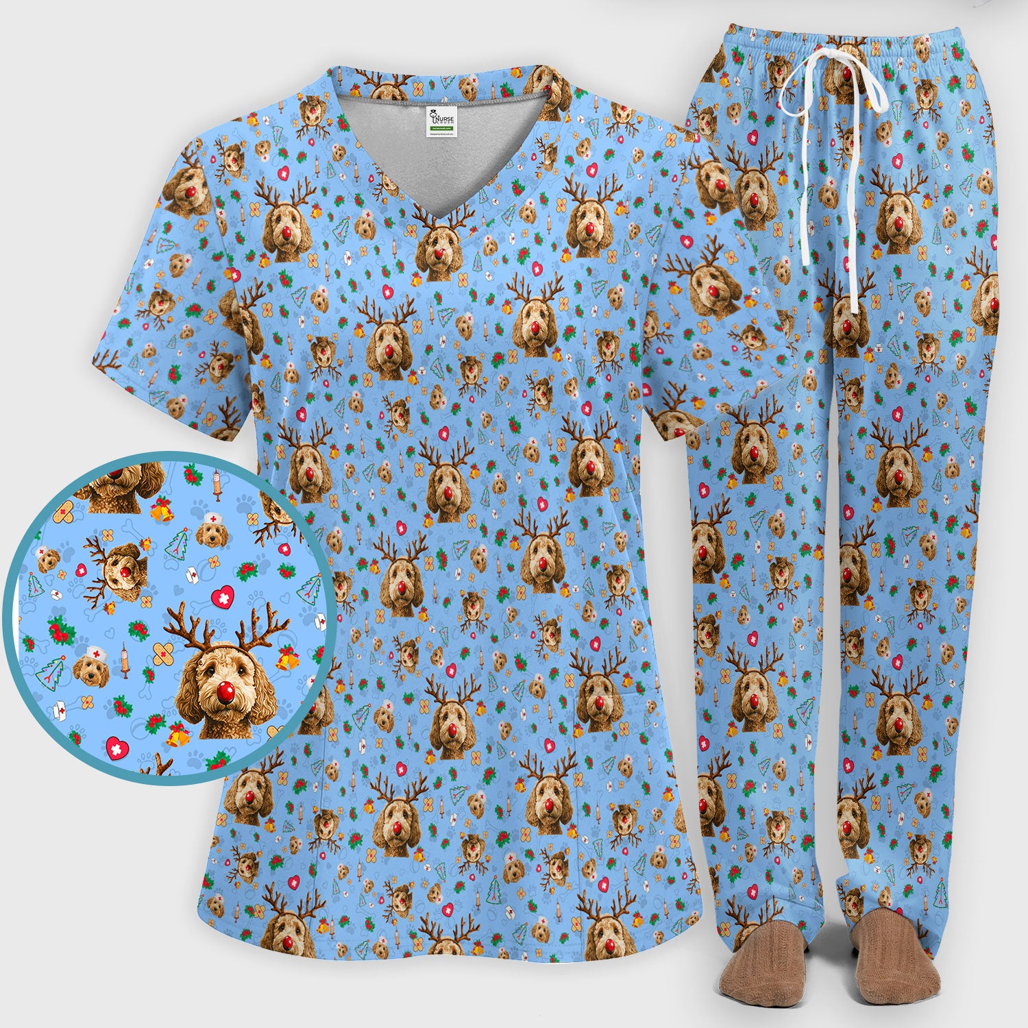 Christmas Labradoodle Scrub Set - Funny Reindeer Dog Nurse Pants and V Neck Top - Cute Holiday Medical Uniform