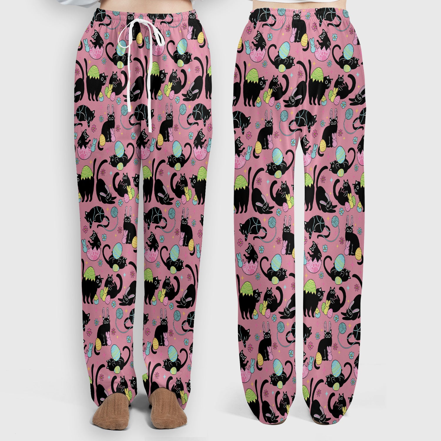 Funny Easter Black Cat Egg Pattern Scrub Set, Scrub Pants and V Neck Top