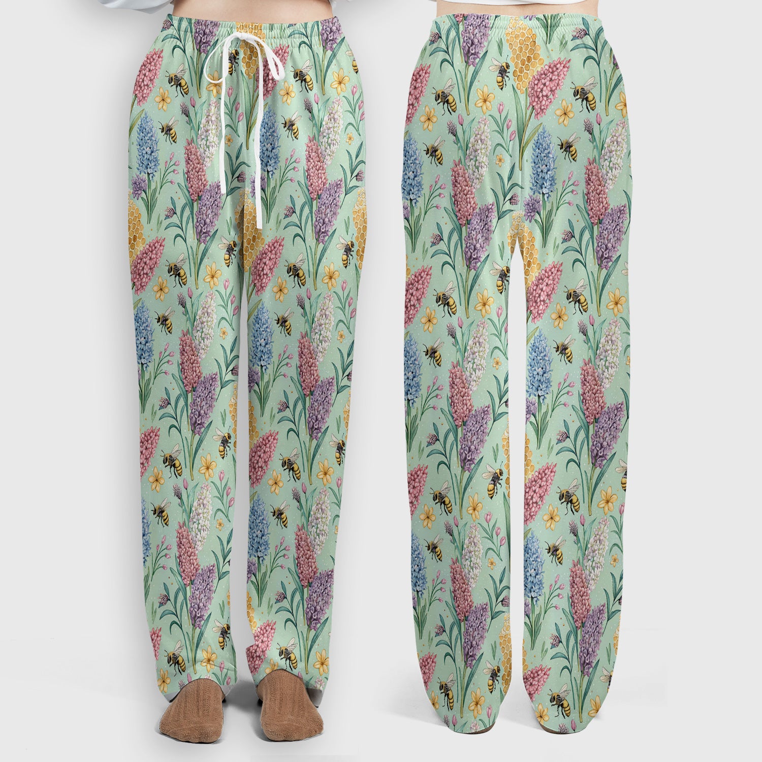 Pastel Wildflower Honeybee Pattern Scrub Set, Scrub Pants and V Neck Top