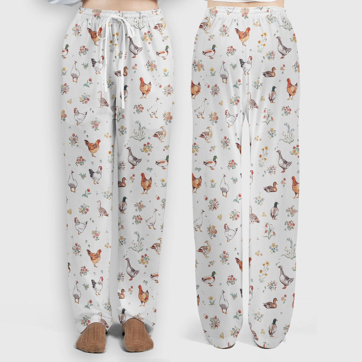 Farm Chicken Duck Floral Pattern Scrubs Sets, Scrub Pants and V Neck Top