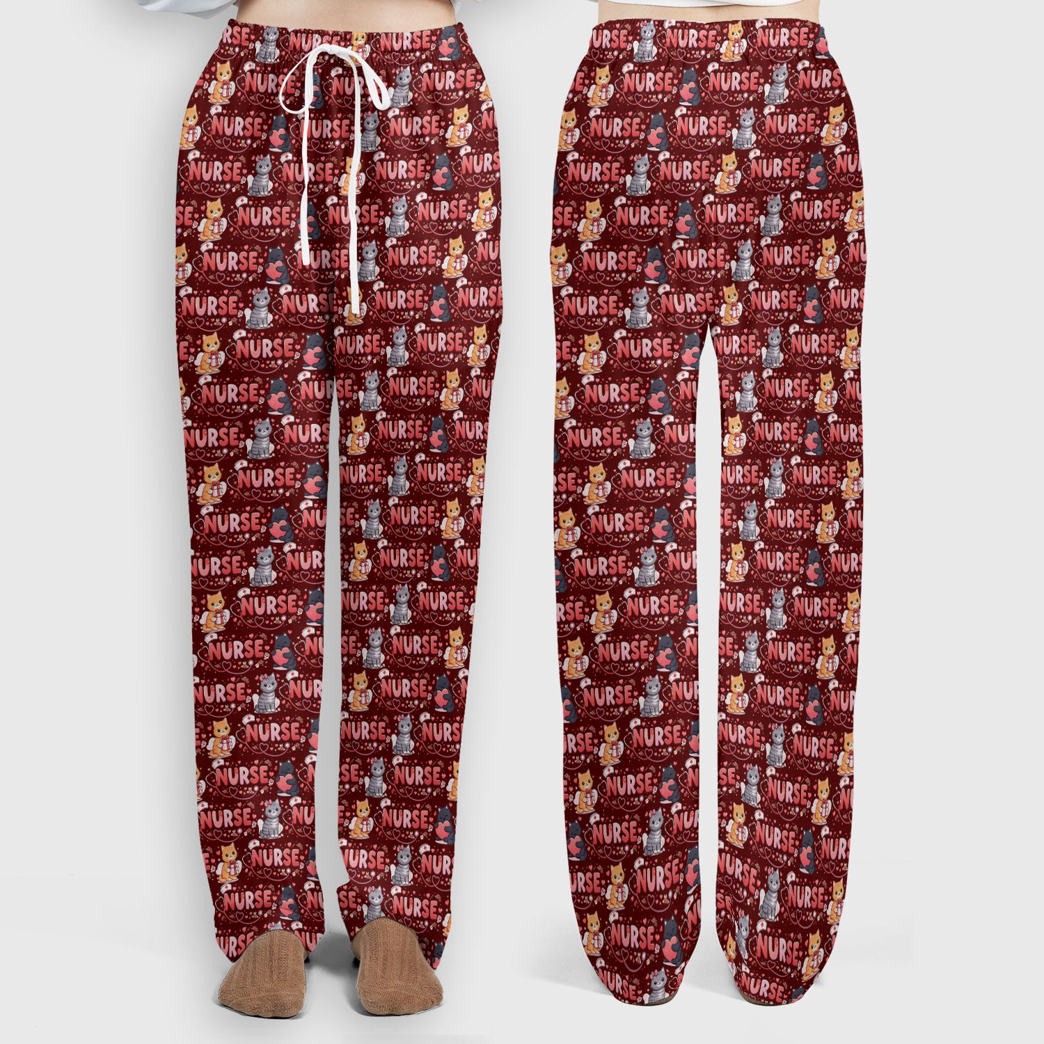 Nurse Cat Heart Pattern Valentine Scrub Set, Women's Scrub Sets V Neck Top