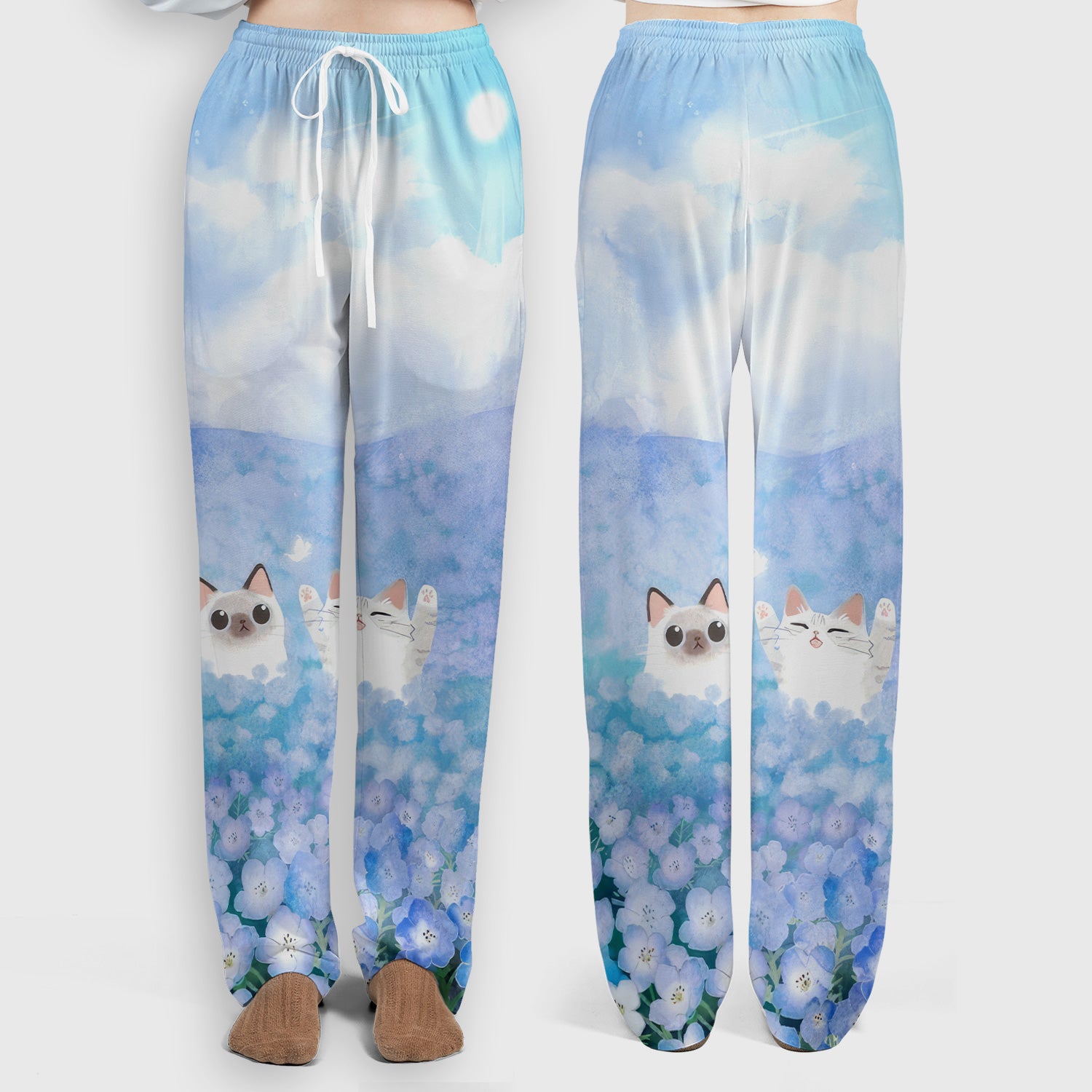 Dreamy Cat Cloud Hydrangea Sky Pattern Scrub Set, Scrub Pants and V Neck Top