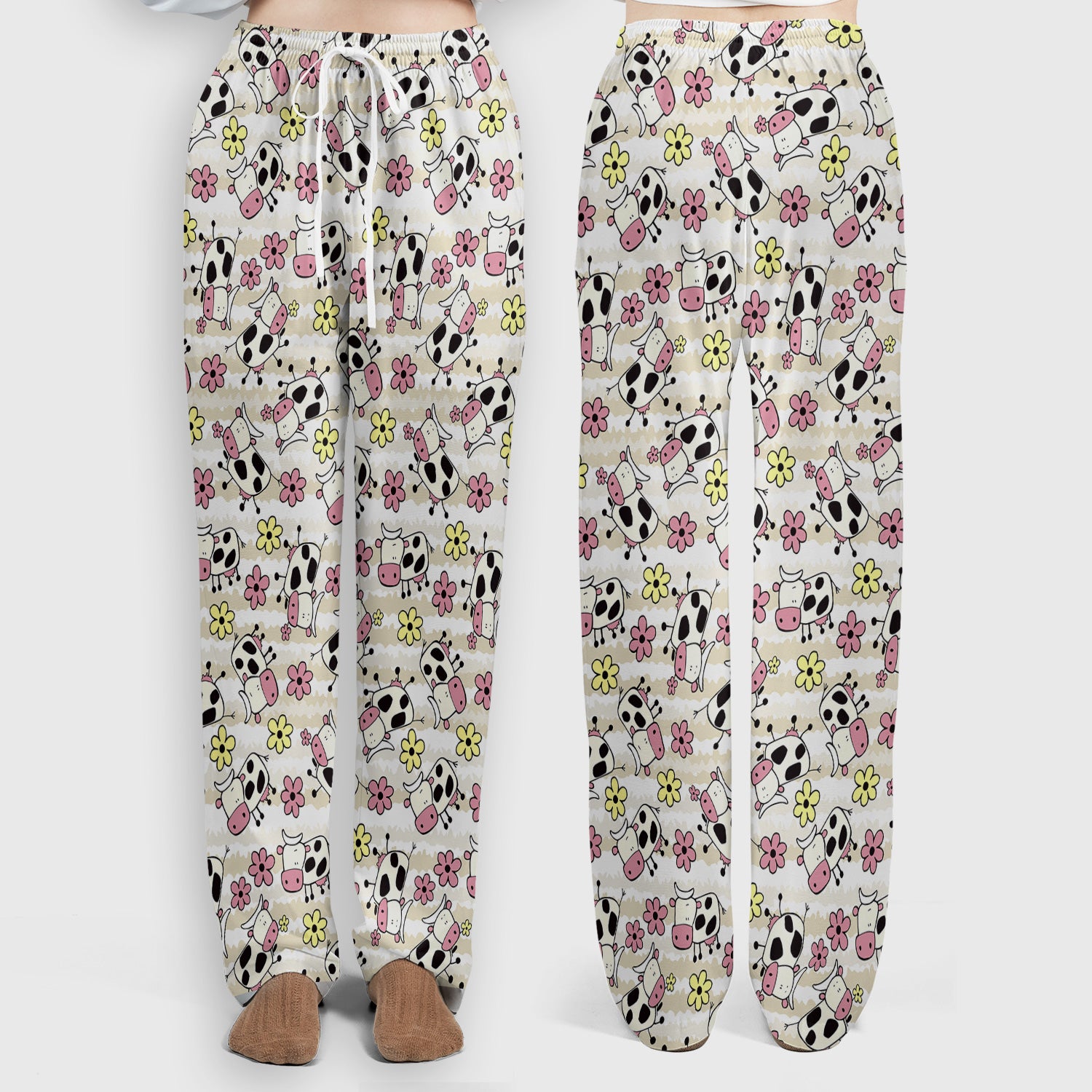 Cute Cartoon Cow Flower Meadow Pattern Nurse Scrub Set, Scrub Pants and V Neck Top