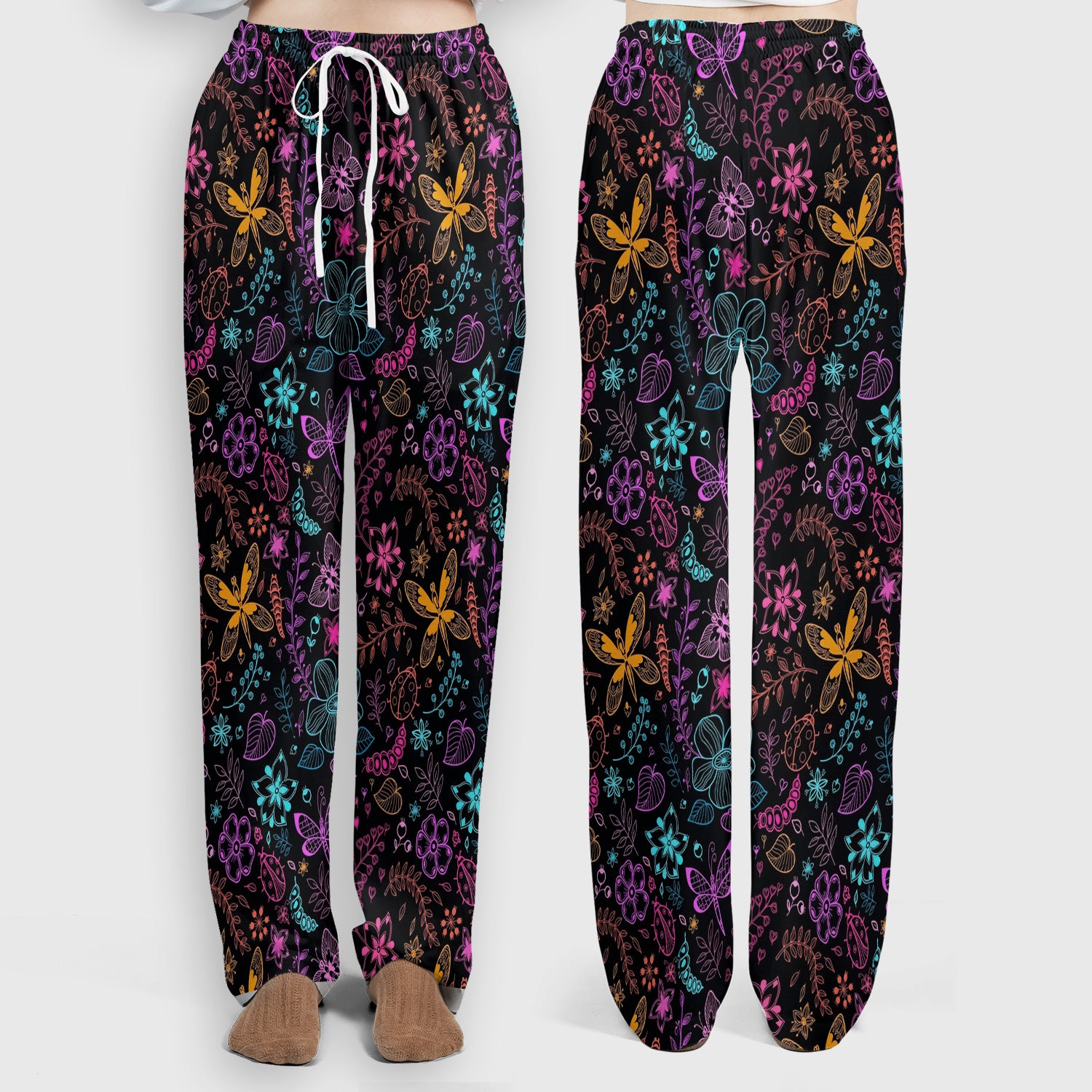 Neon Butterfly and Floral Garden Pattern Scrub Set, Scrub Pants and V Neck Top