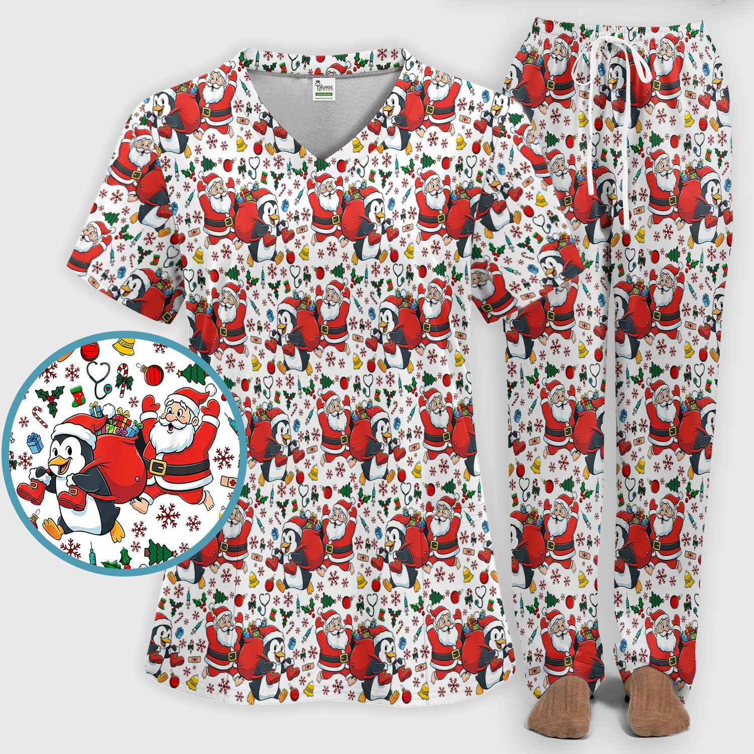 Funny Penguin Christmas Scrub Set - Santa Holiday Nurse Uniform for Women - Medical Gift for RN CNA LPN