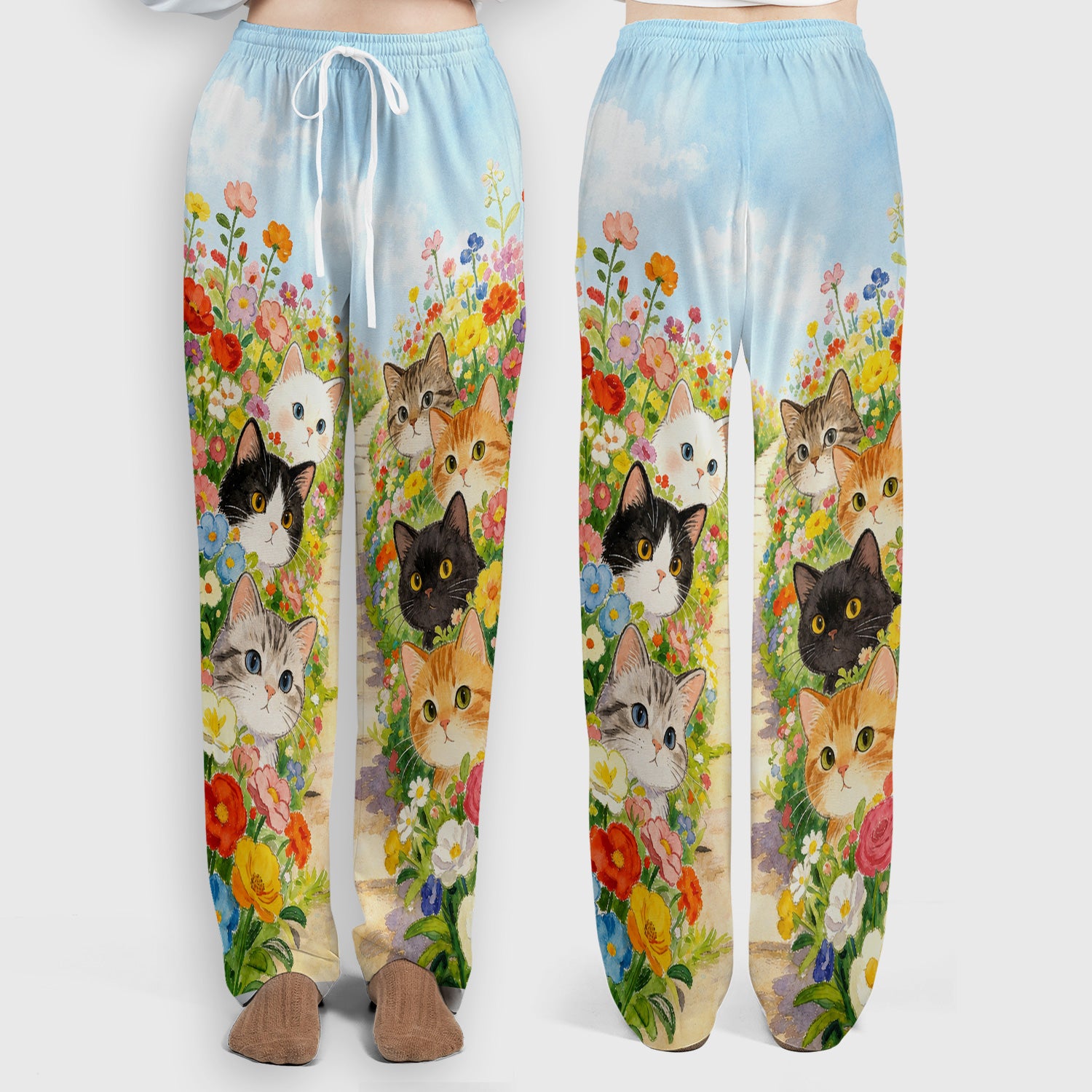 Cute Garden Cats Flower Path Pattern Scrub Set, Scrub Pants and V Neck Top