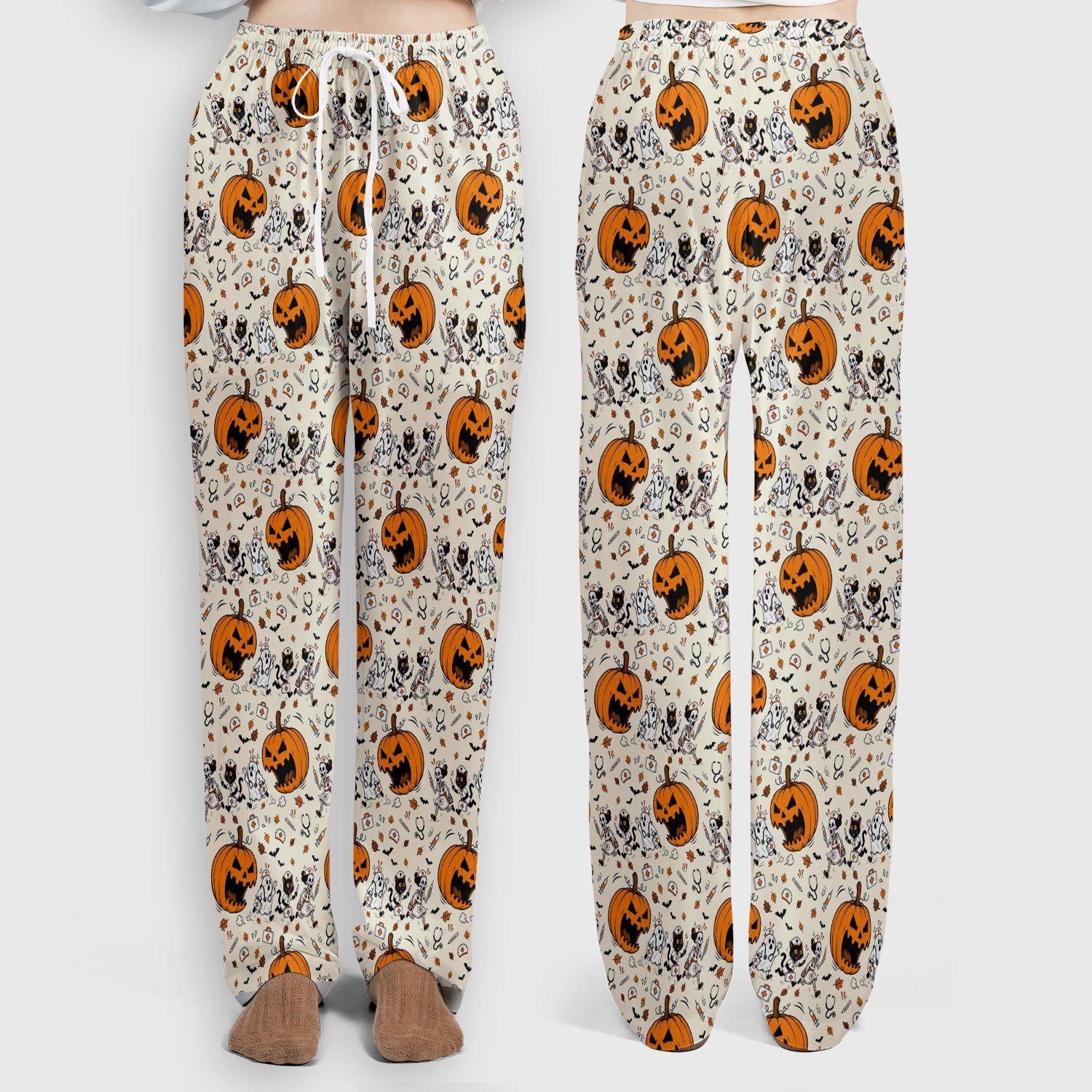 Funny Halloween Pumpkin Chasing Nurses Scrub Set, Scrub Pants and V Neck Top