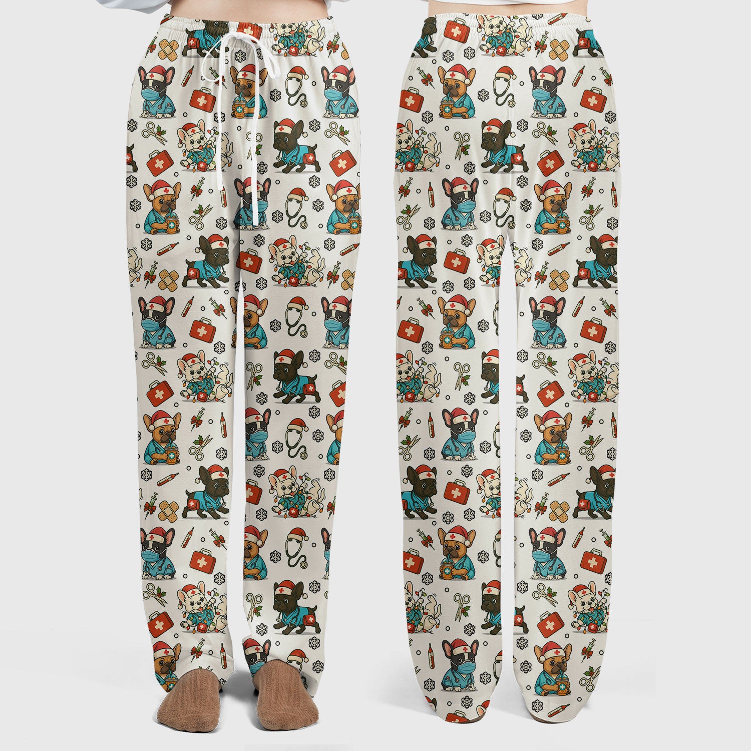 Christmas Dog Nurse Scrub Set for Women - Cute French Bulldog Pattern Scrub Top and Pants - Funny Holiday Nursing Outfit Gift for RN LPN CNA