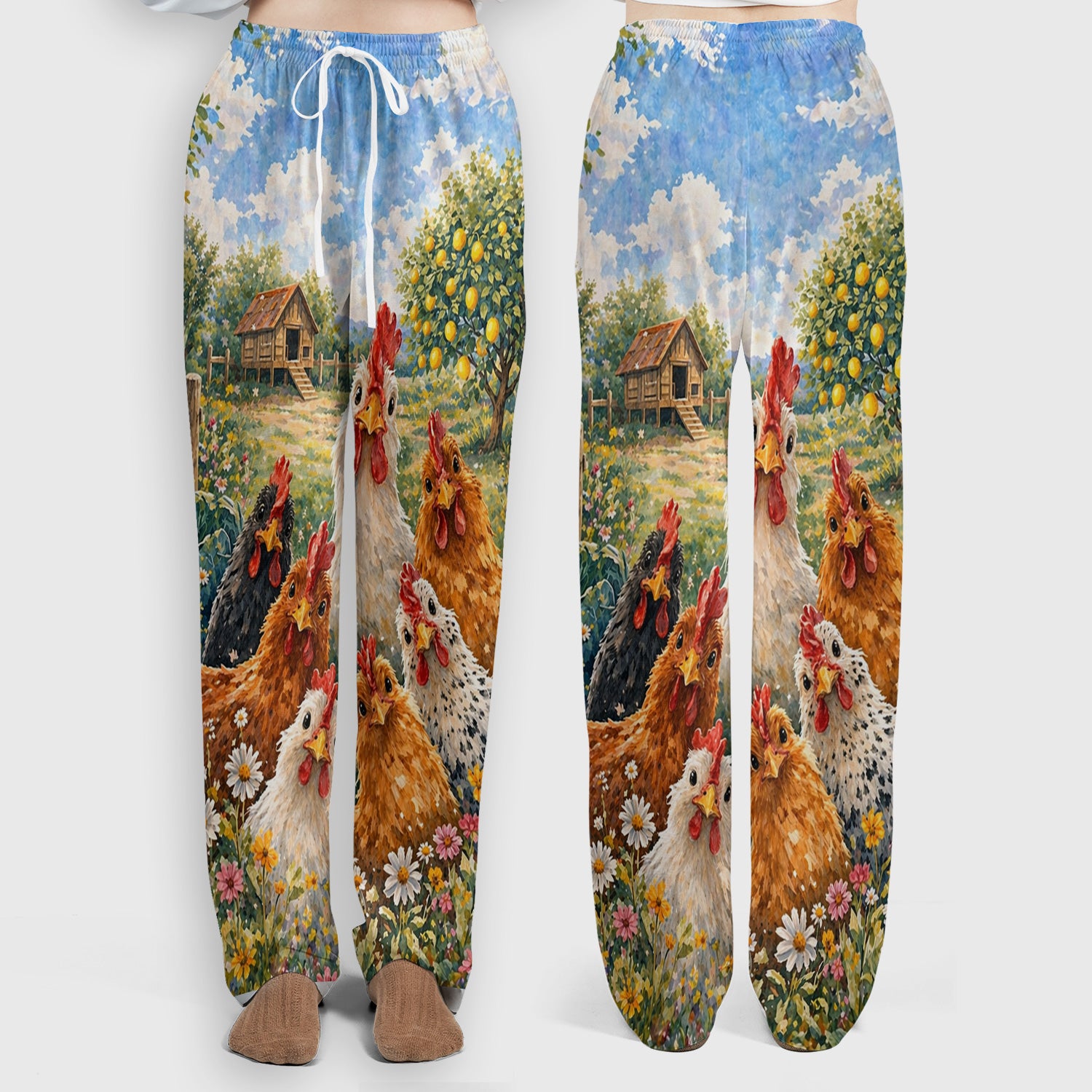 Rustic Chicken Family Farm Garden Pattern Nurse Scrub Set, Scrub Pants and V Neck Top