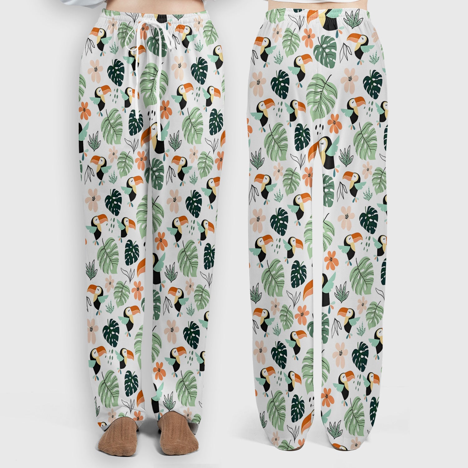 Tropical Toucan Leaf Floral Pattern Scrub Set, Scrub Pants and V Neck Top