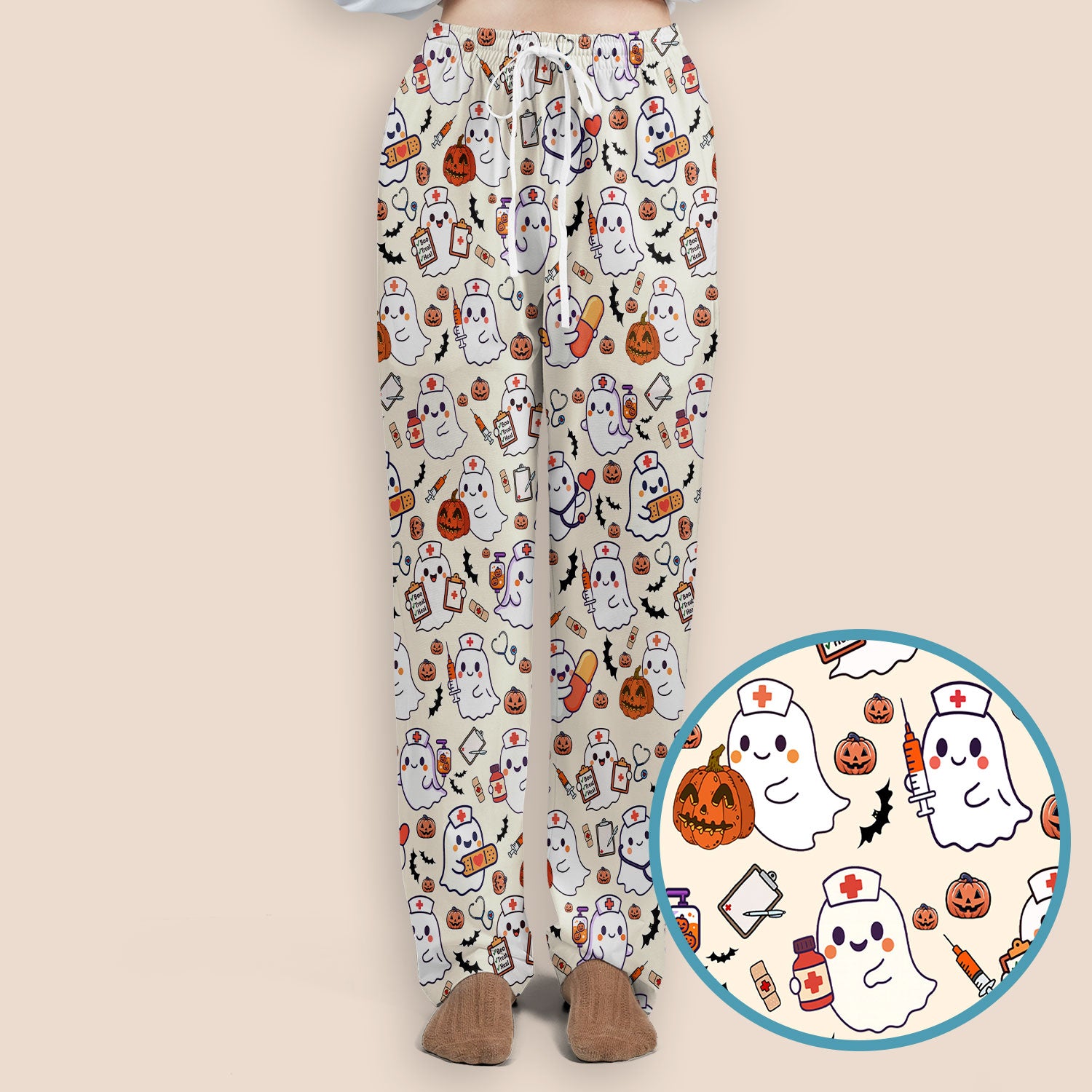 Halloween Women's Scrub Sets - Comfortable Scrubs for Nurses - Pumpkin Ghost Scrub Pants and V Neck Top - Breathable Med Uniform
