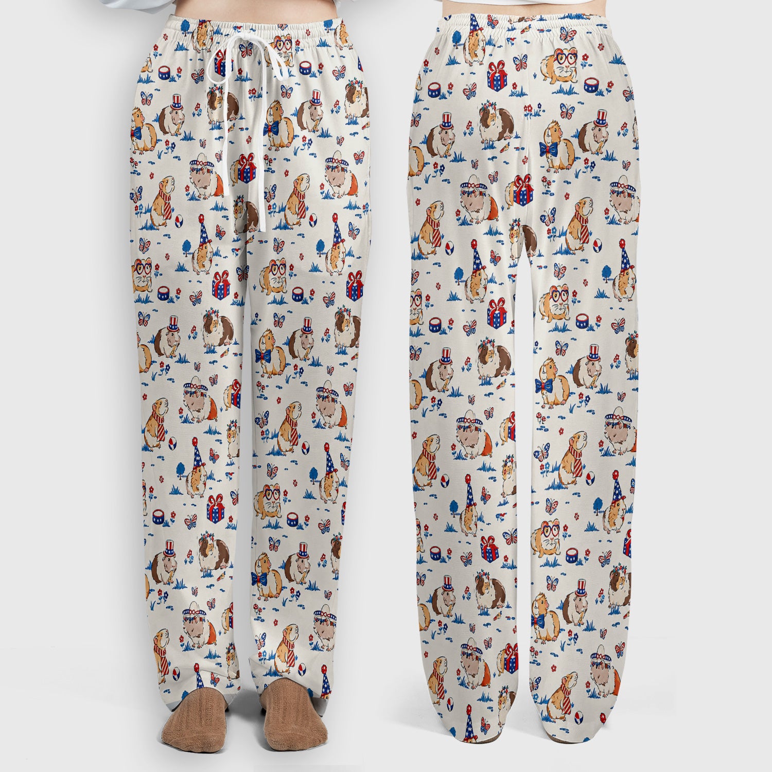 Patriotic Guinea Pig Celebration Pattern Scrub Set, Scrub Pants and V Neck Top
