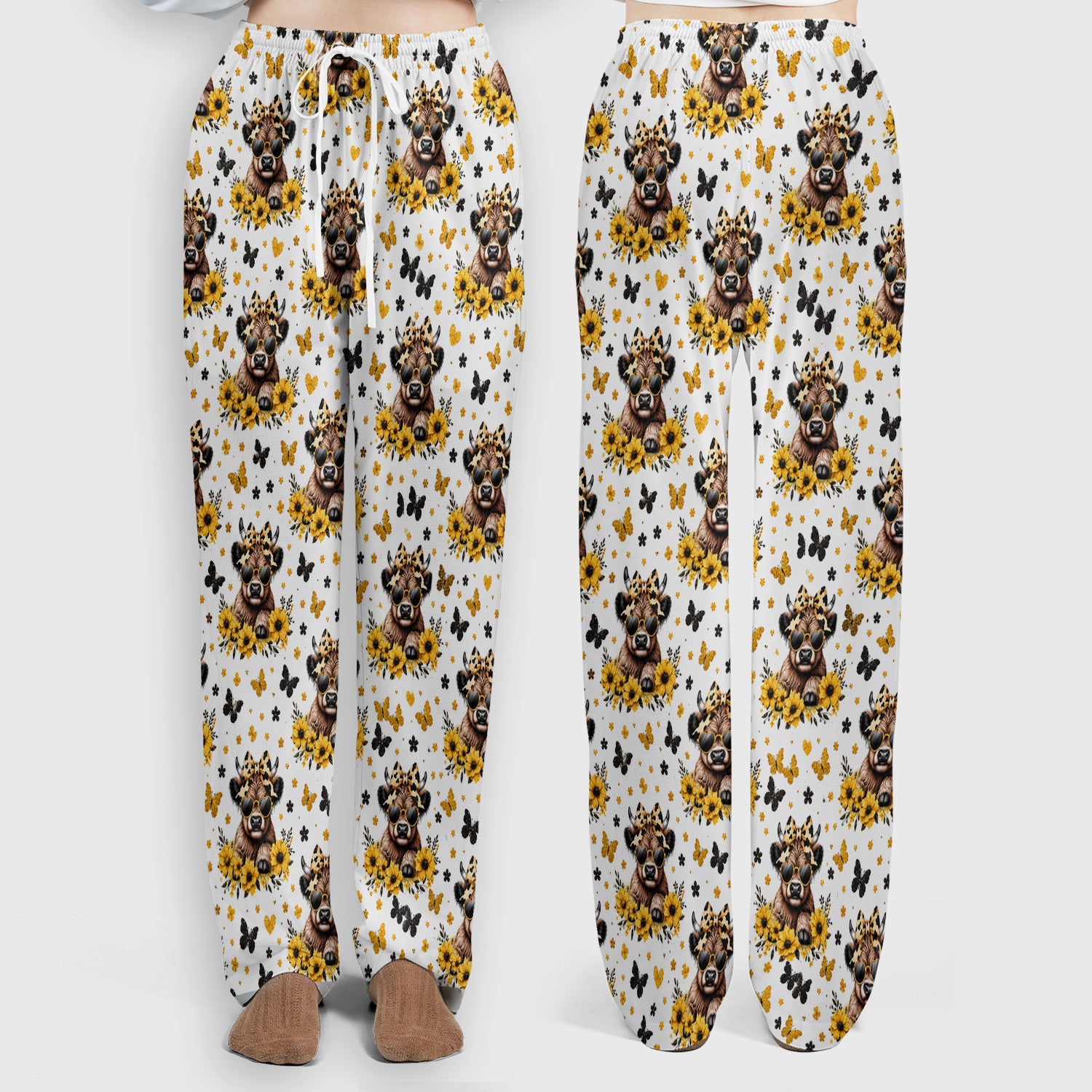 Cow With Sunflower Bow Pattern Scrub Set, Scrub Pants and V Neck Top