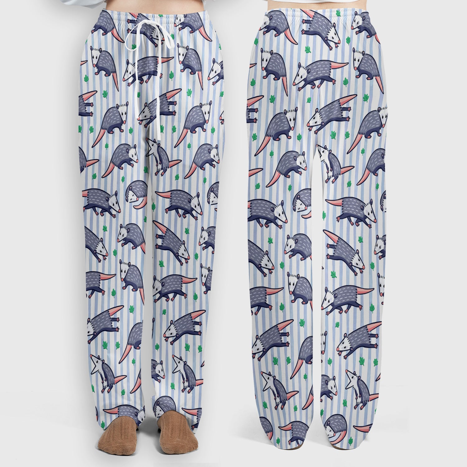 Cute Opossum Blue Stripe Pattern Scrub Set, Scrub Pants and V Neck Top