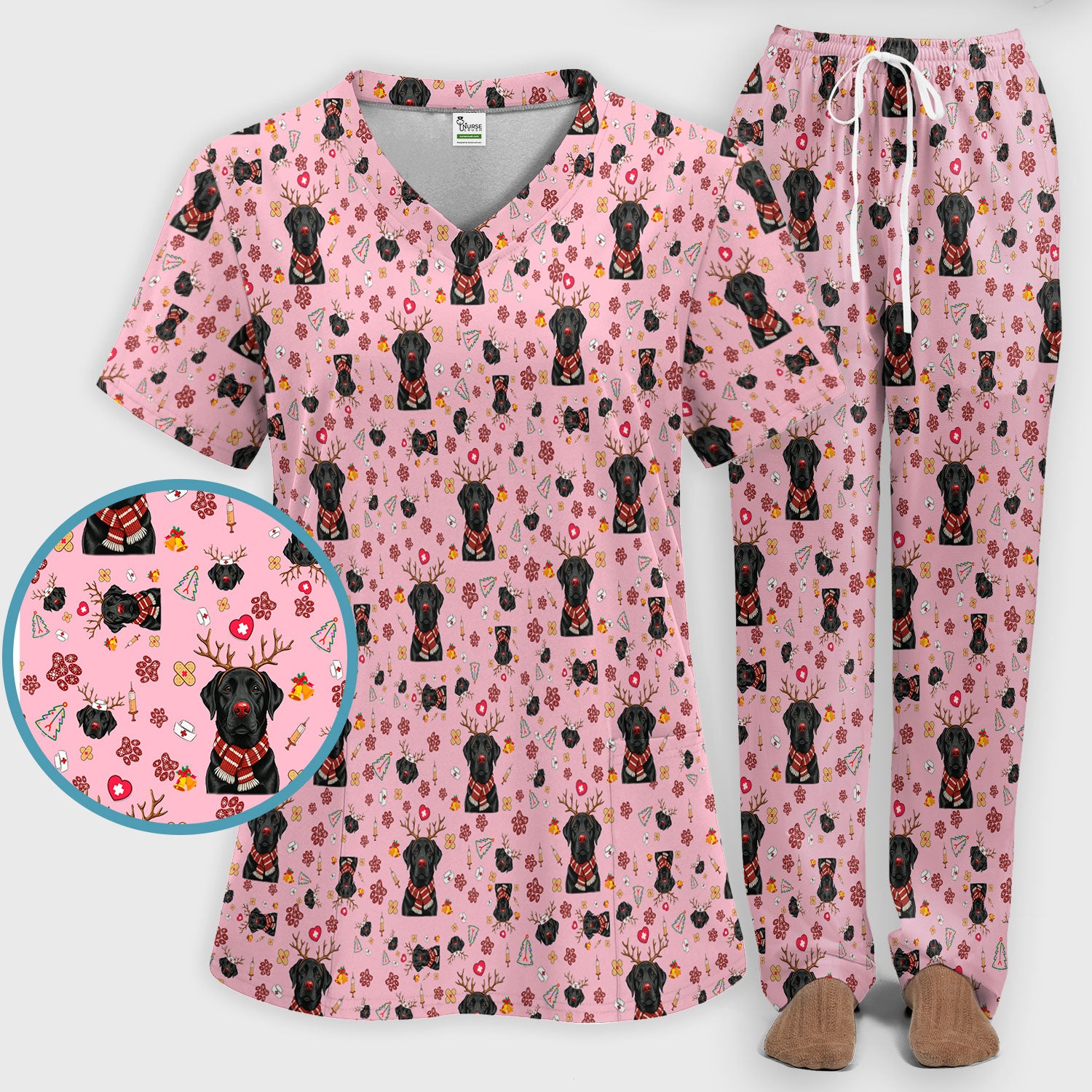 Black Lab Christmas Scrub Set - Funny Labrador Nursing Pants and V Neck Top - Cute Holiday Medical Uniform