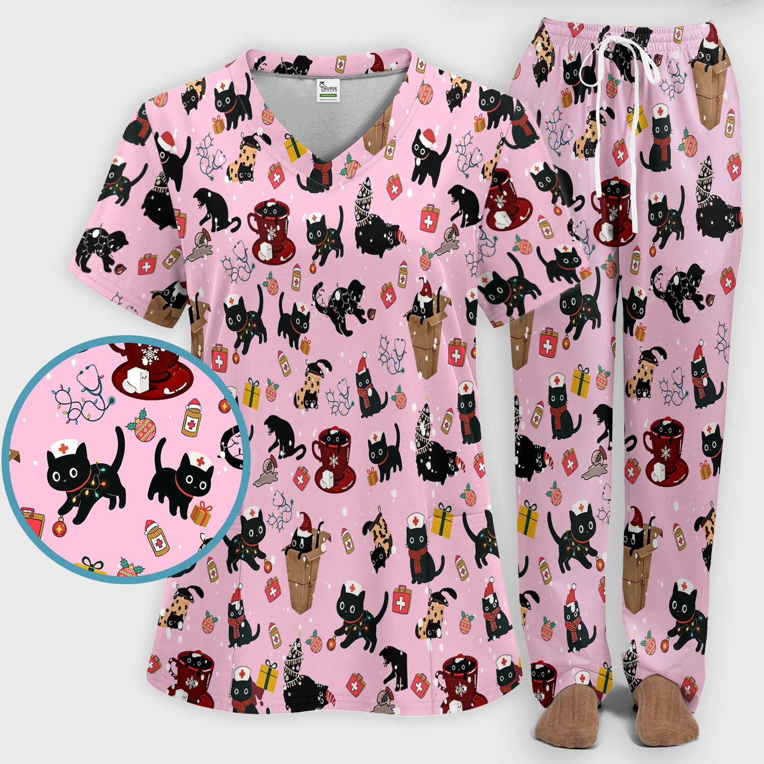 Funny Cat Scrub Sets for Women - Christmas Black Cats Pants and V Neck Top - Breathable Fabrics Nursing Uniform