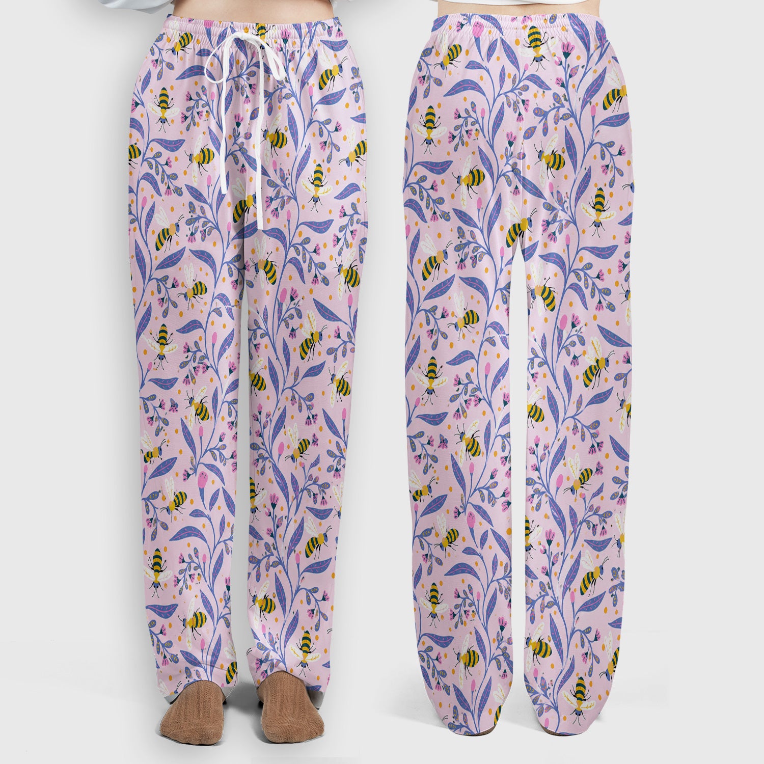 Cute Bumble Bee Floral Pattern Scrub Set, Scrub Pants and V Neck Top