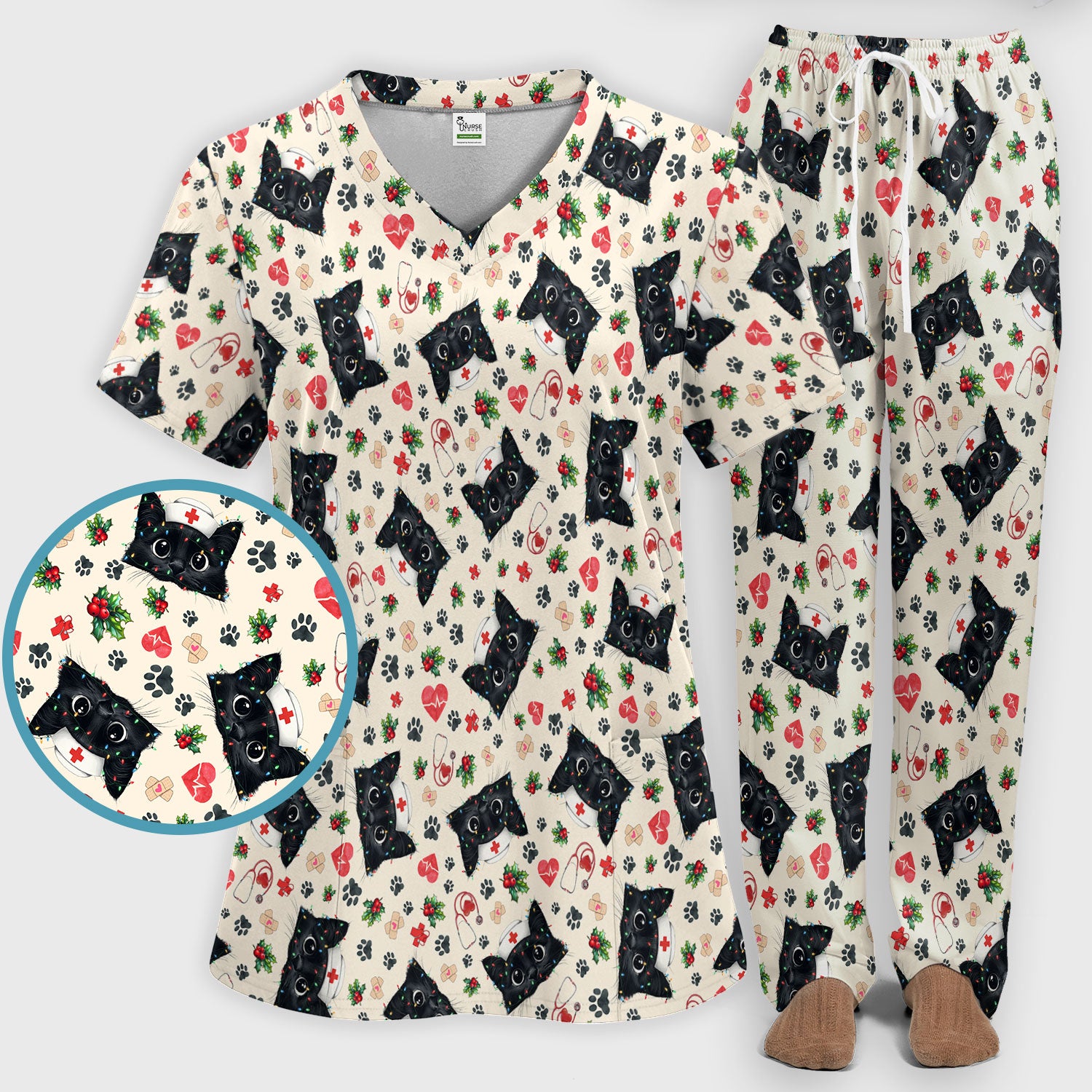 Funny Cats Scrub Set for Nurses - Black Kittens Christmas Scrubs Pants and V Neck Top - Jolly Medical Uniform Gift for RN CNA LPN