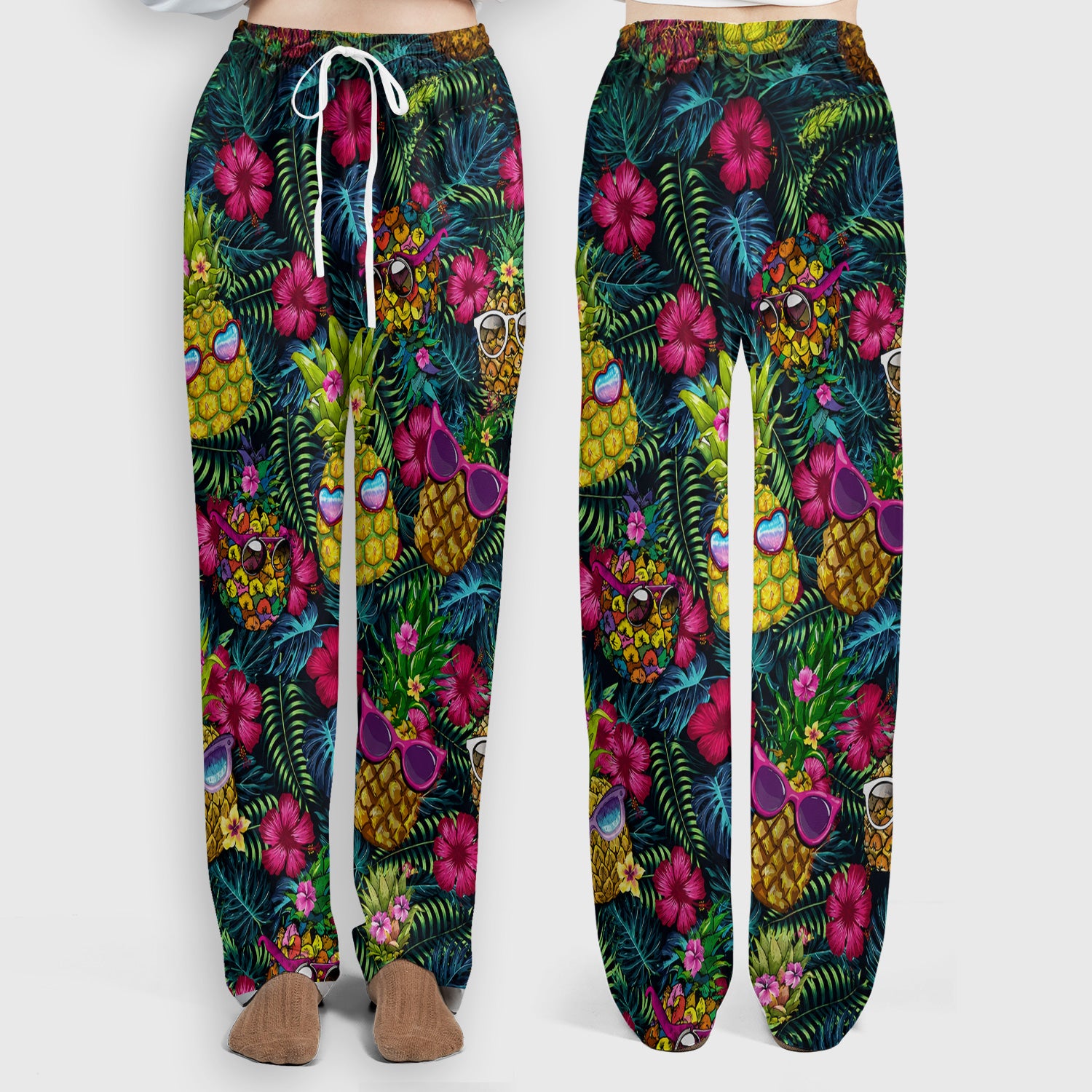 Cute Tropical Pineapple Sunglasses Pattern Scrub Set, Scrub Pants and V Neck Top